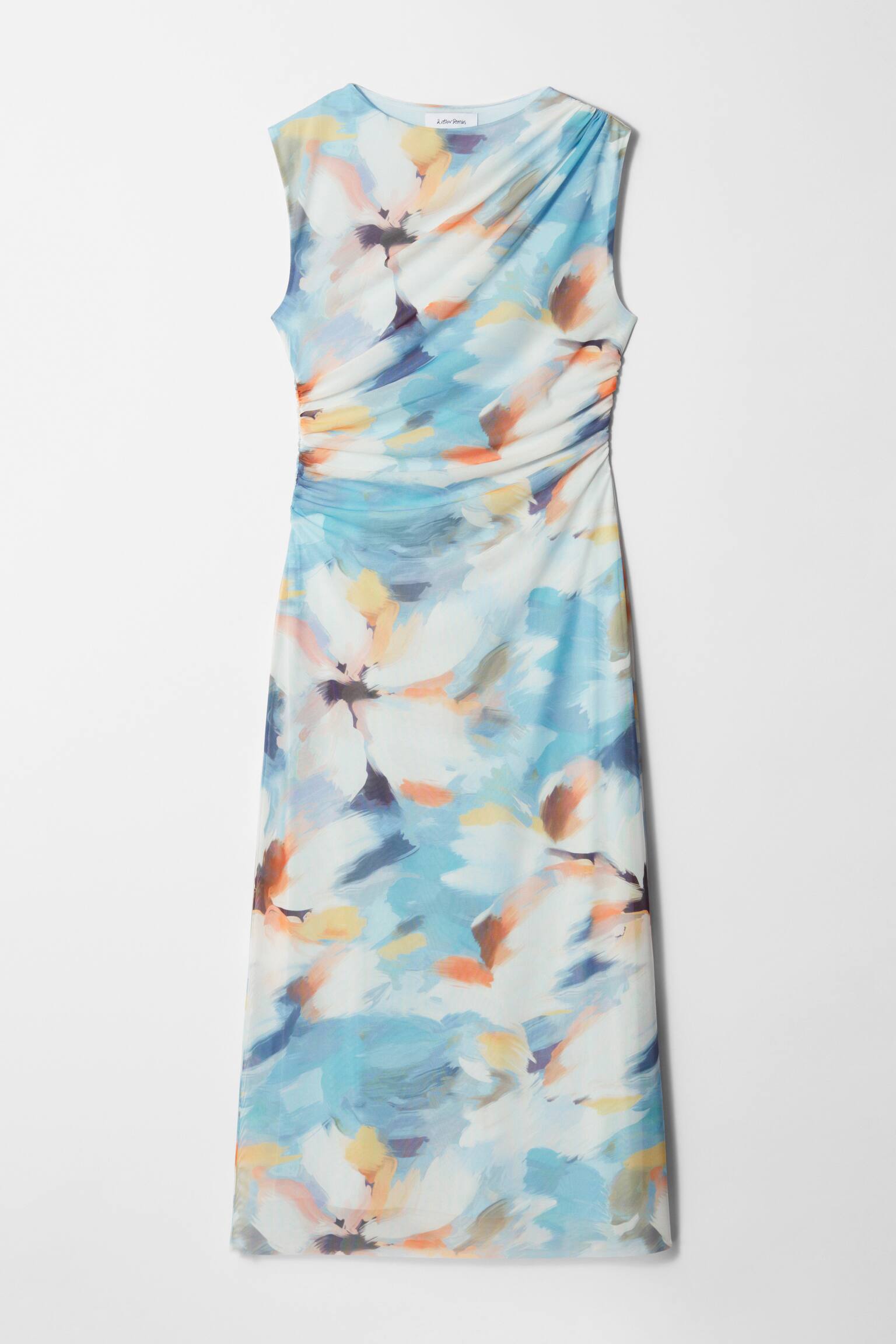 Drapiertes Midikleid ohne Ärmel - Blau/Blumendruck - 5