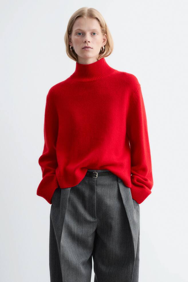 Wool-Cashmere Mock Neck Jumper - Red/Dark Mole/Black - 1