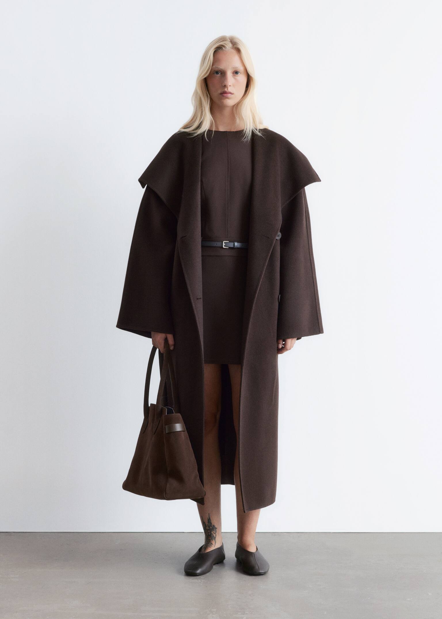 Maxi cappotto in lana con collo sciallato - Marrone scuro/Grigio scuro