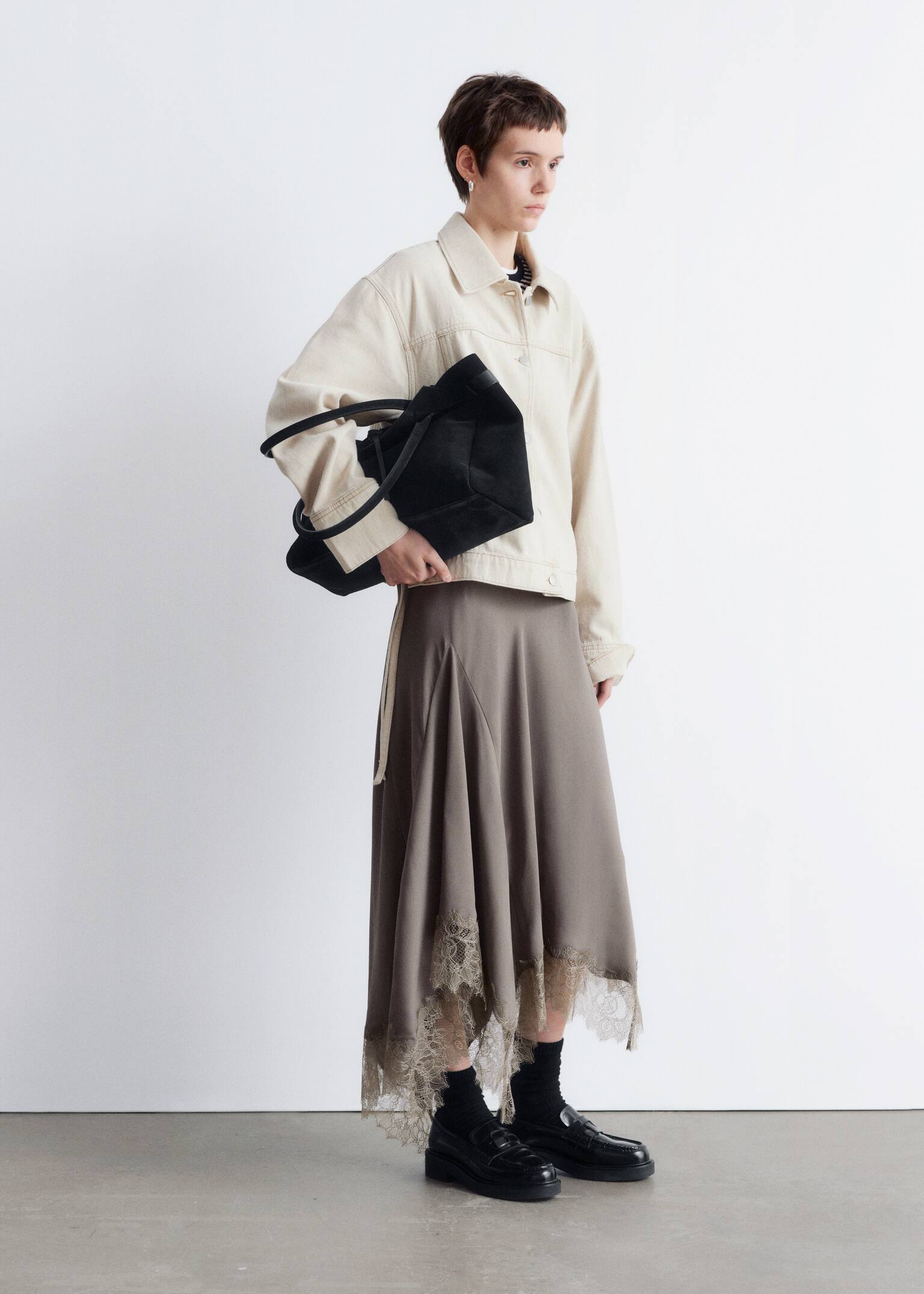 Asymmetrical Lace-Trimmed Midi Skirt - Mole - 3