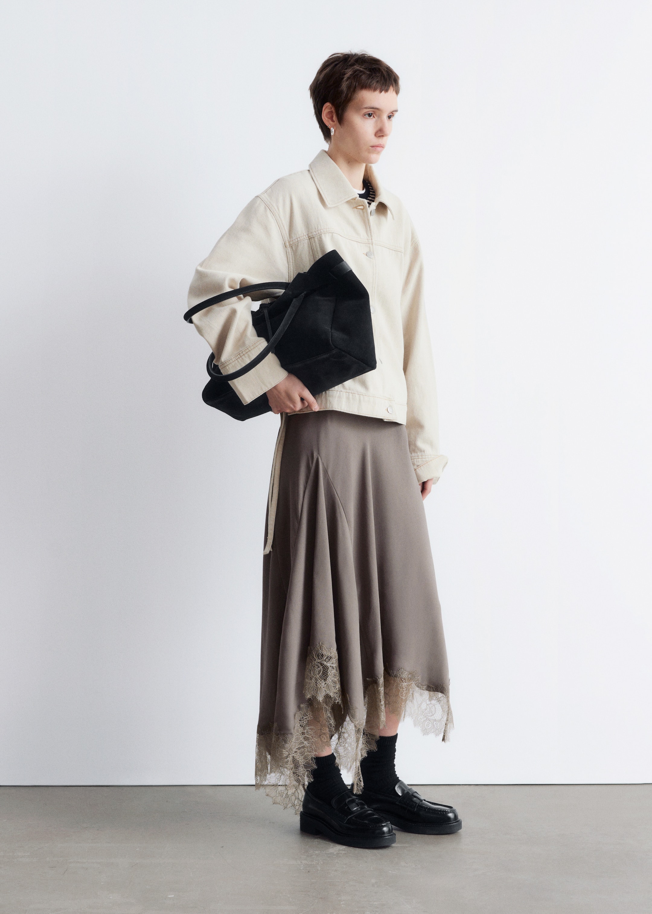 Grotere afbeelding bekijken: Asymmetrische midi-rok met kant - Taupe - DAMES | H&M NL 3