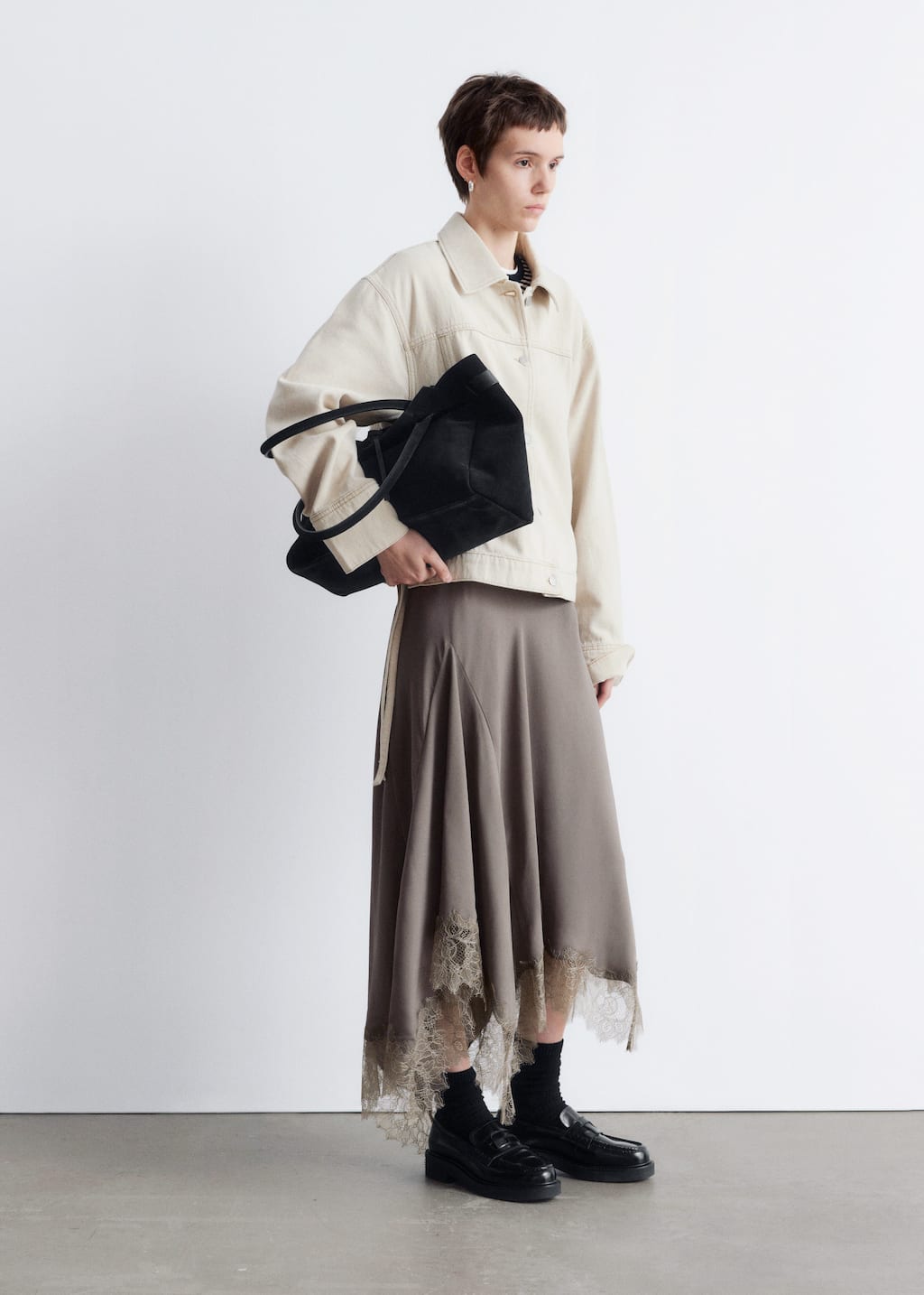 Image of Asymmetrical Lace-Trimmed Midi Skirt