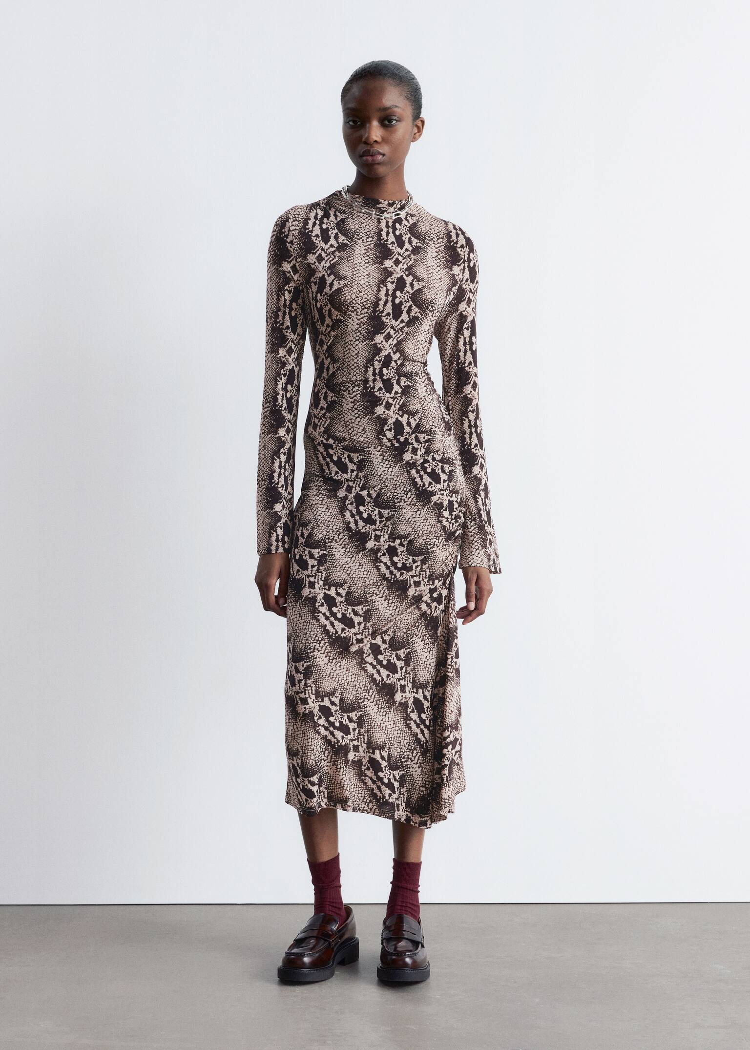 Gathered Midi Dress - Beige Snake - 2