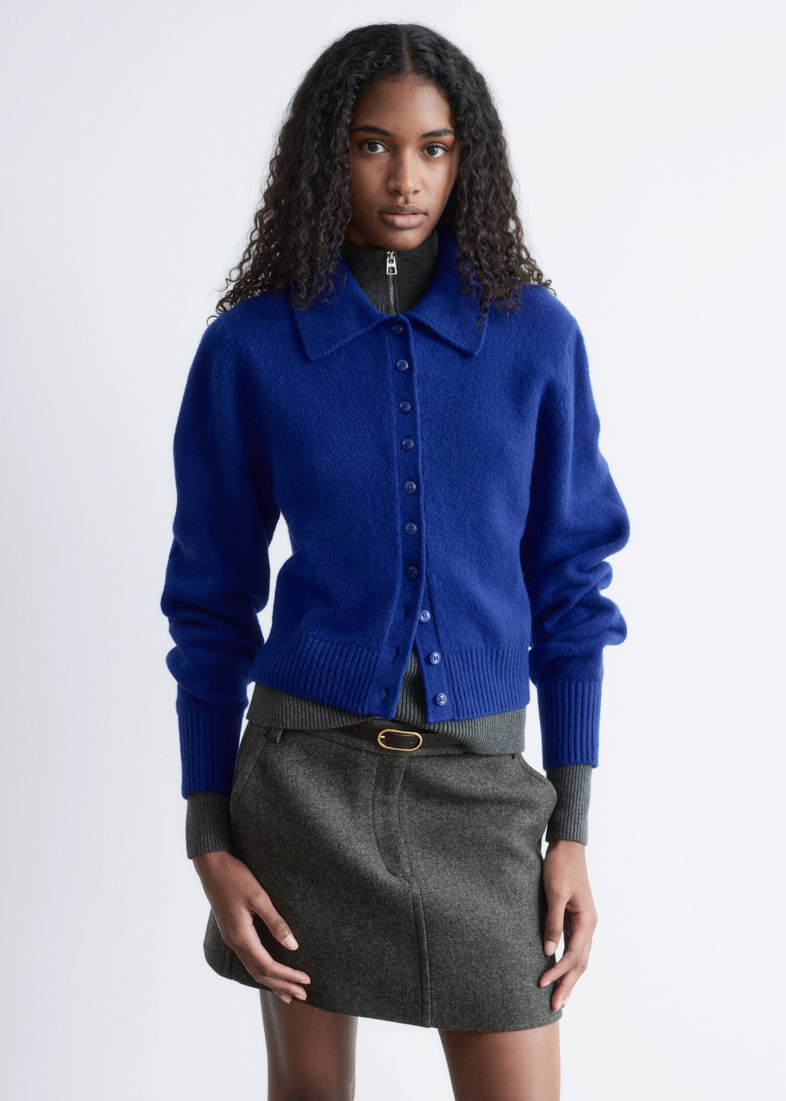 Knitted Collar Cardigan - Bright Blue/White/Black/Mole/Dusty Blue - 3