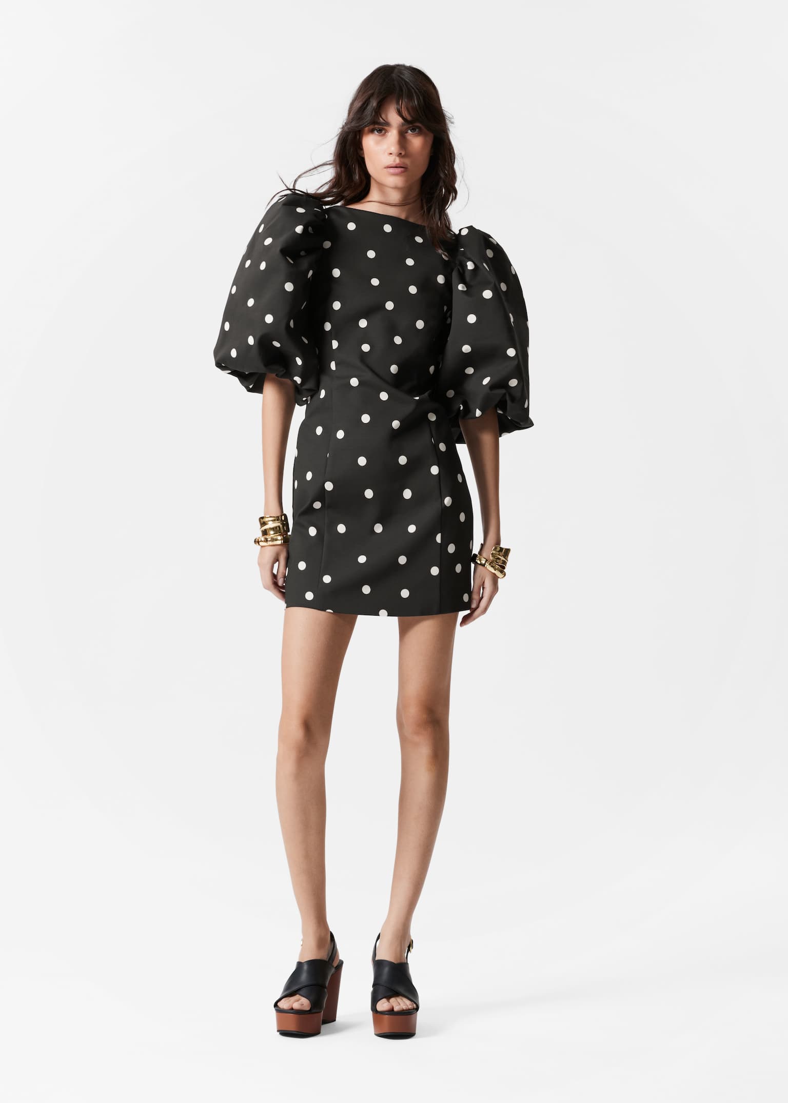 Robe courte à manches volumineuses - Noir à pois/Motif jaune