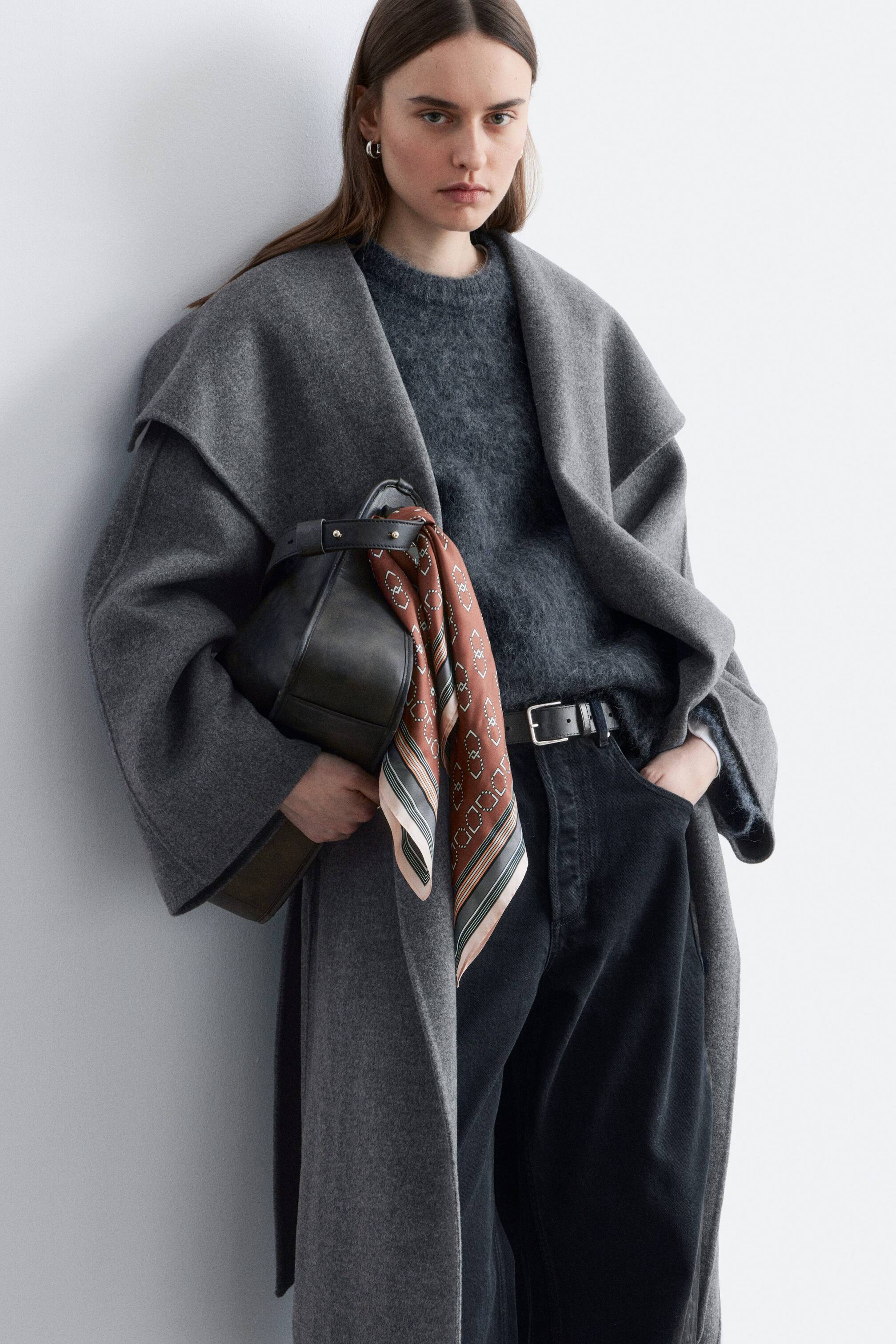 Visa större bild: Lång ullkappa med sjalkrage - Mörkgrå - DAM | H&M SE 1