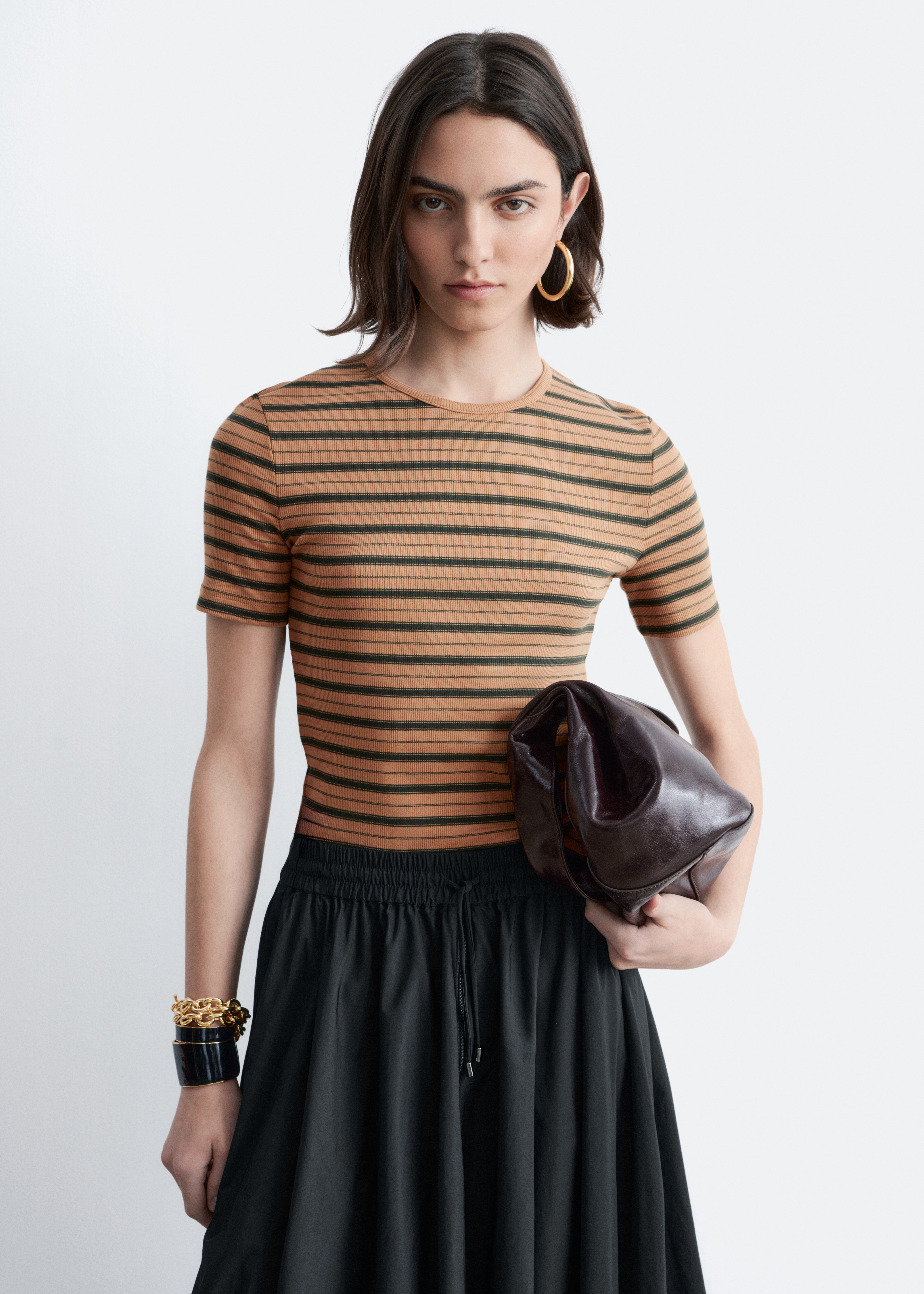 Tricou cu nervuri - Maro/Dungi/Dungi Verde Închis/Bej/Alb