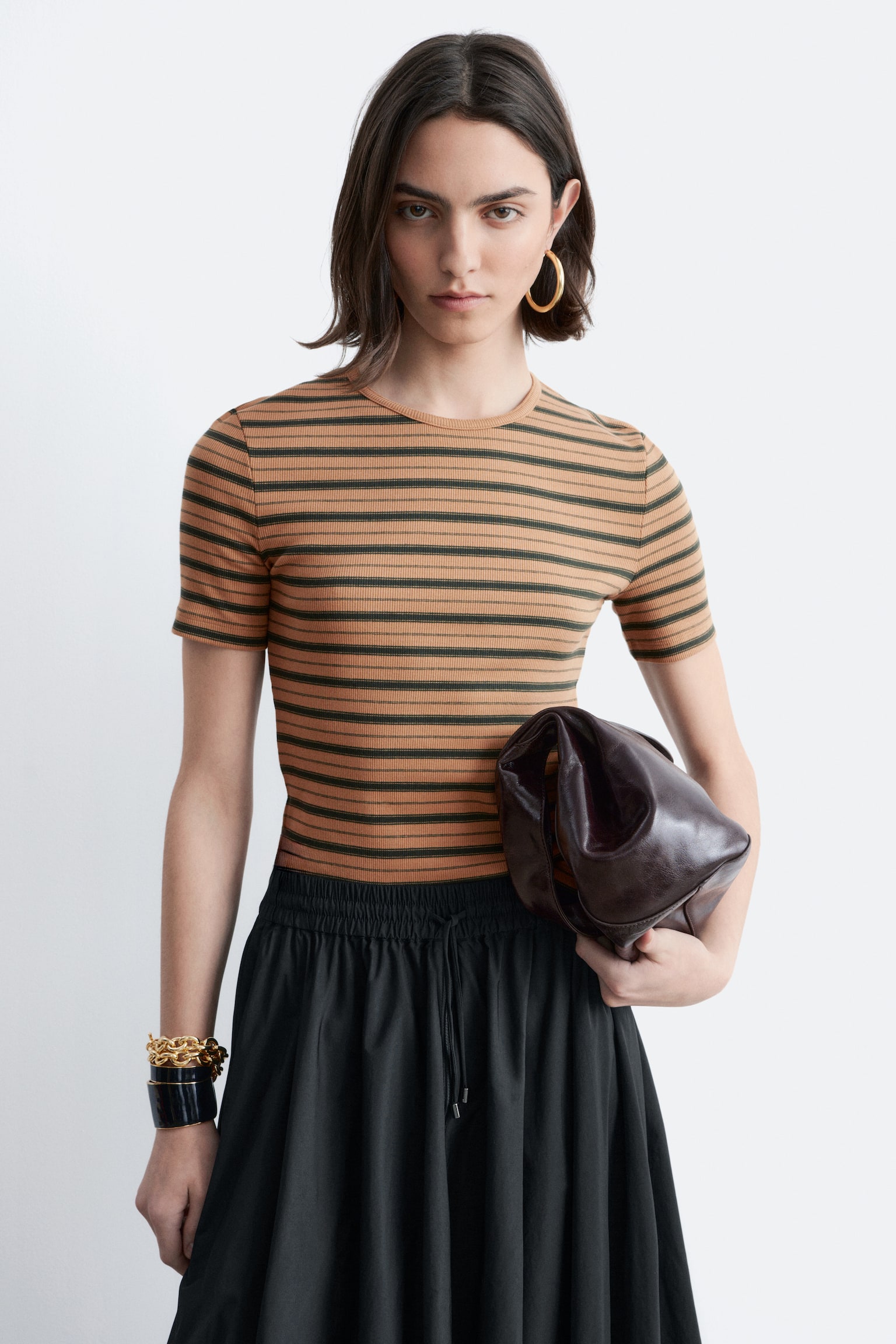 Žebrované tričko - Hnědá/pruhy/Tmavě zelené/béžové proužky/Bílá - 2