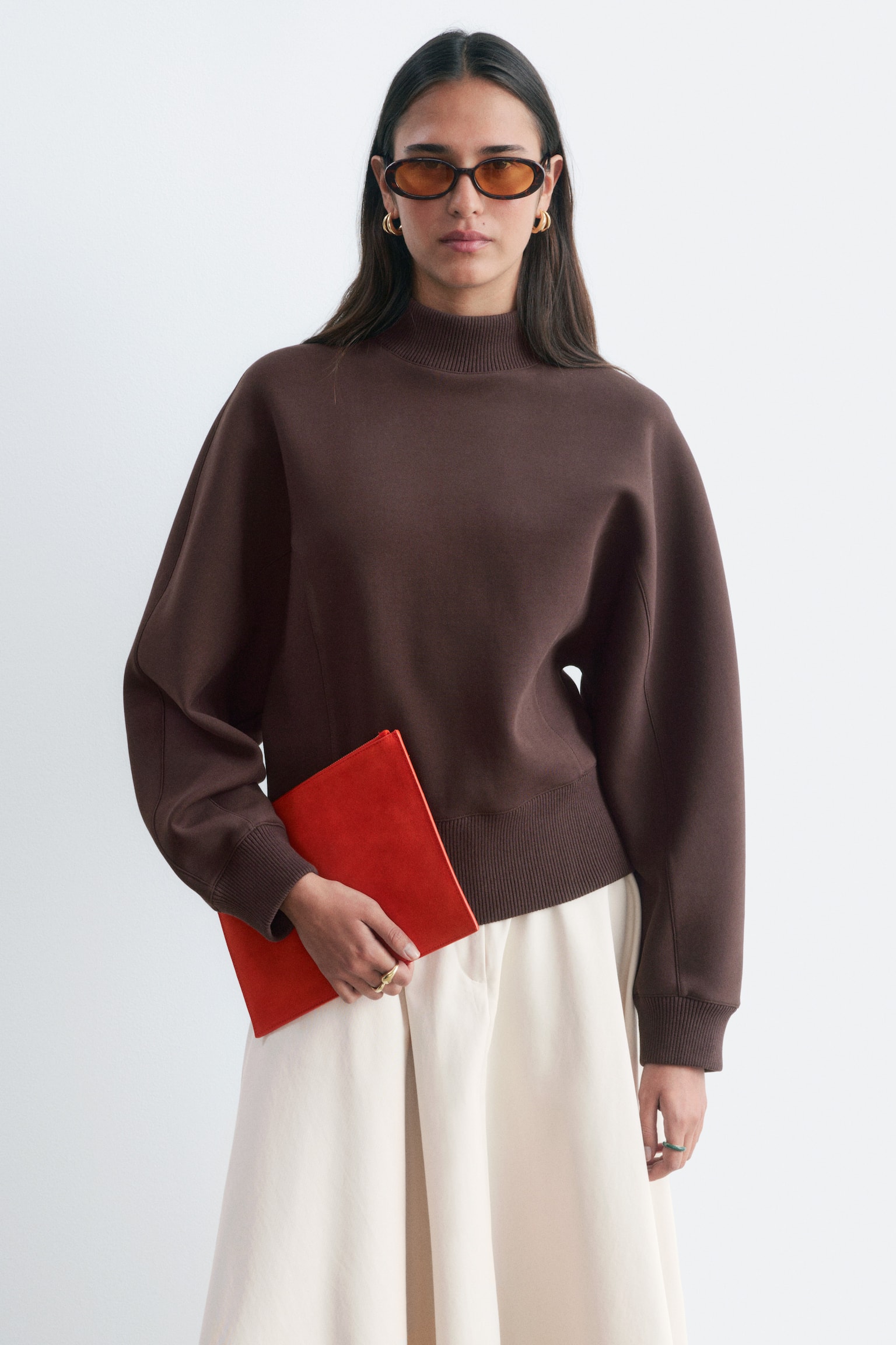 Mock Neck Scuba Sweatshirt - חום כהה/אפור מלנג' - 1