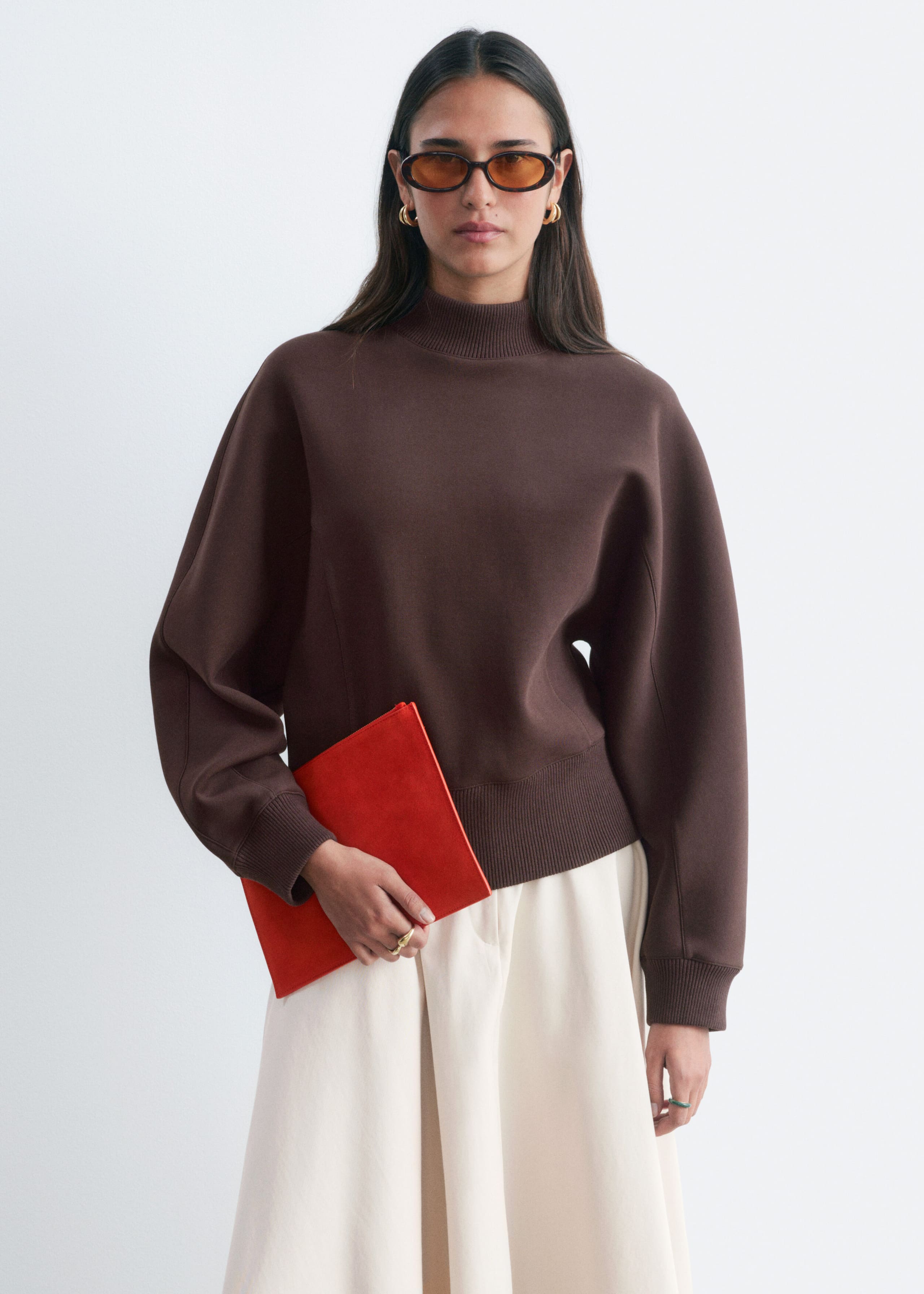 Mock Neck Scuba Sweatshirt - Dark Brown - Lookbook