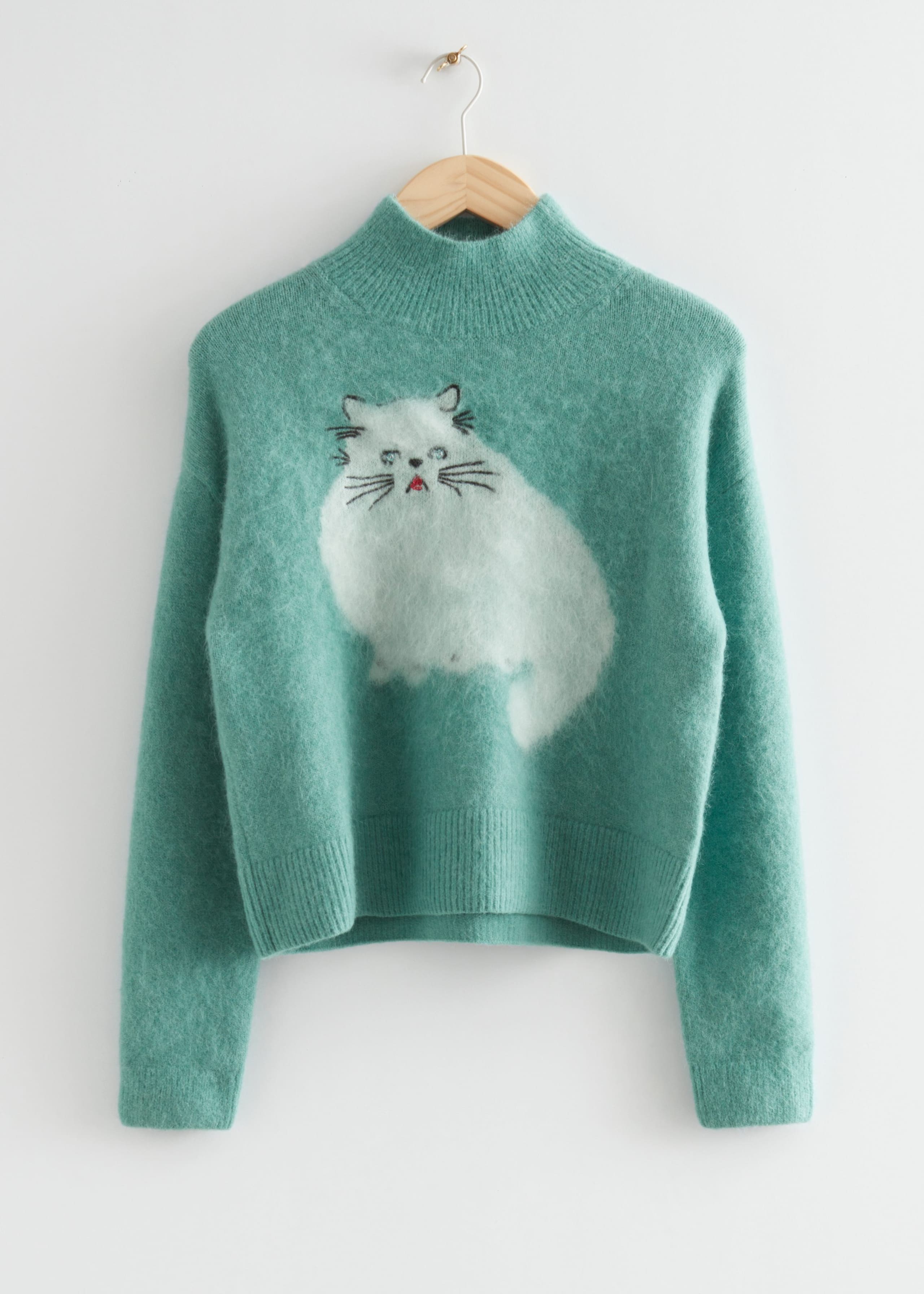 Jacquard Cat Motif Jumper - Green - Still Life