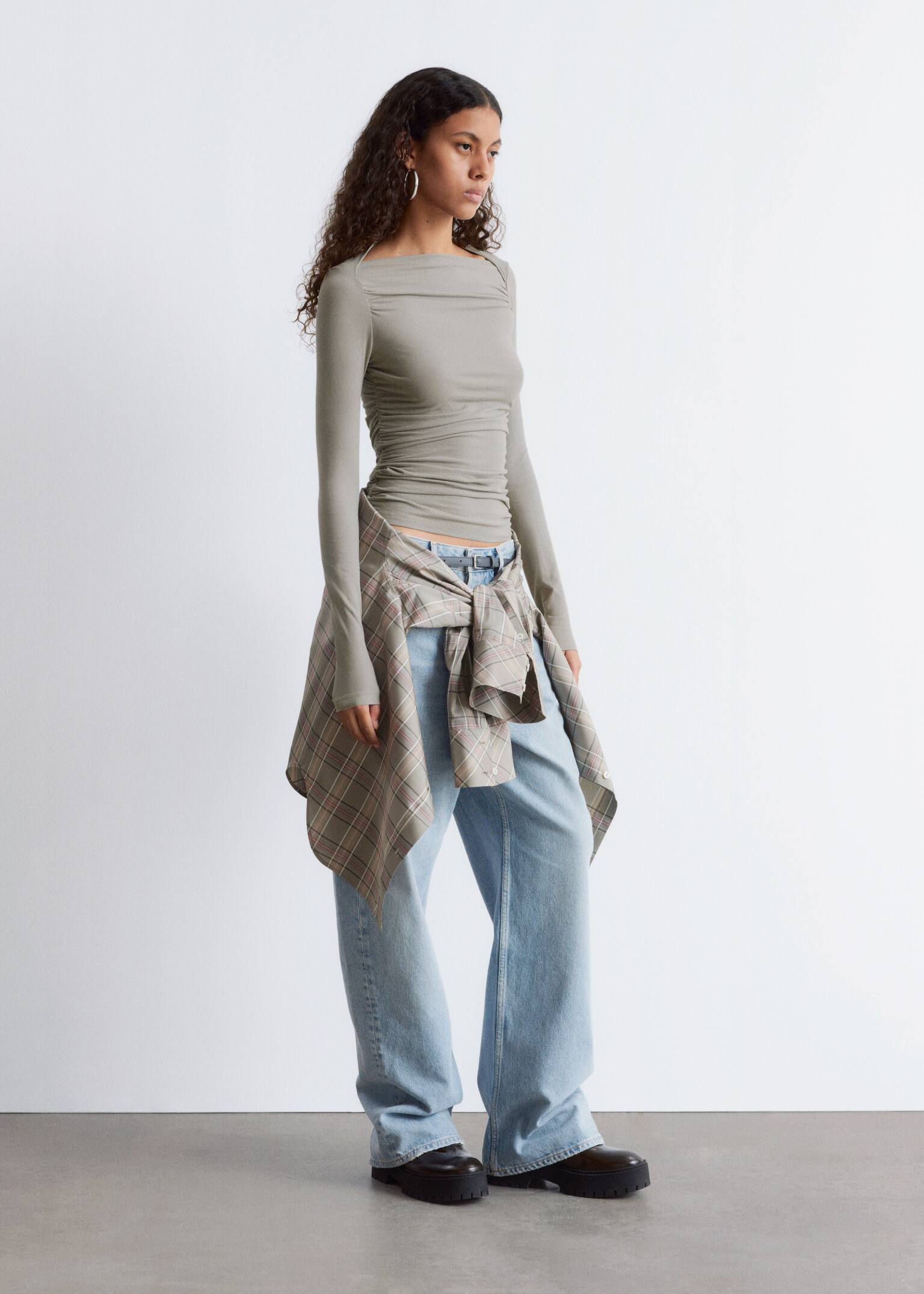 Ruched Boatneck Top - Beige/White - 4
