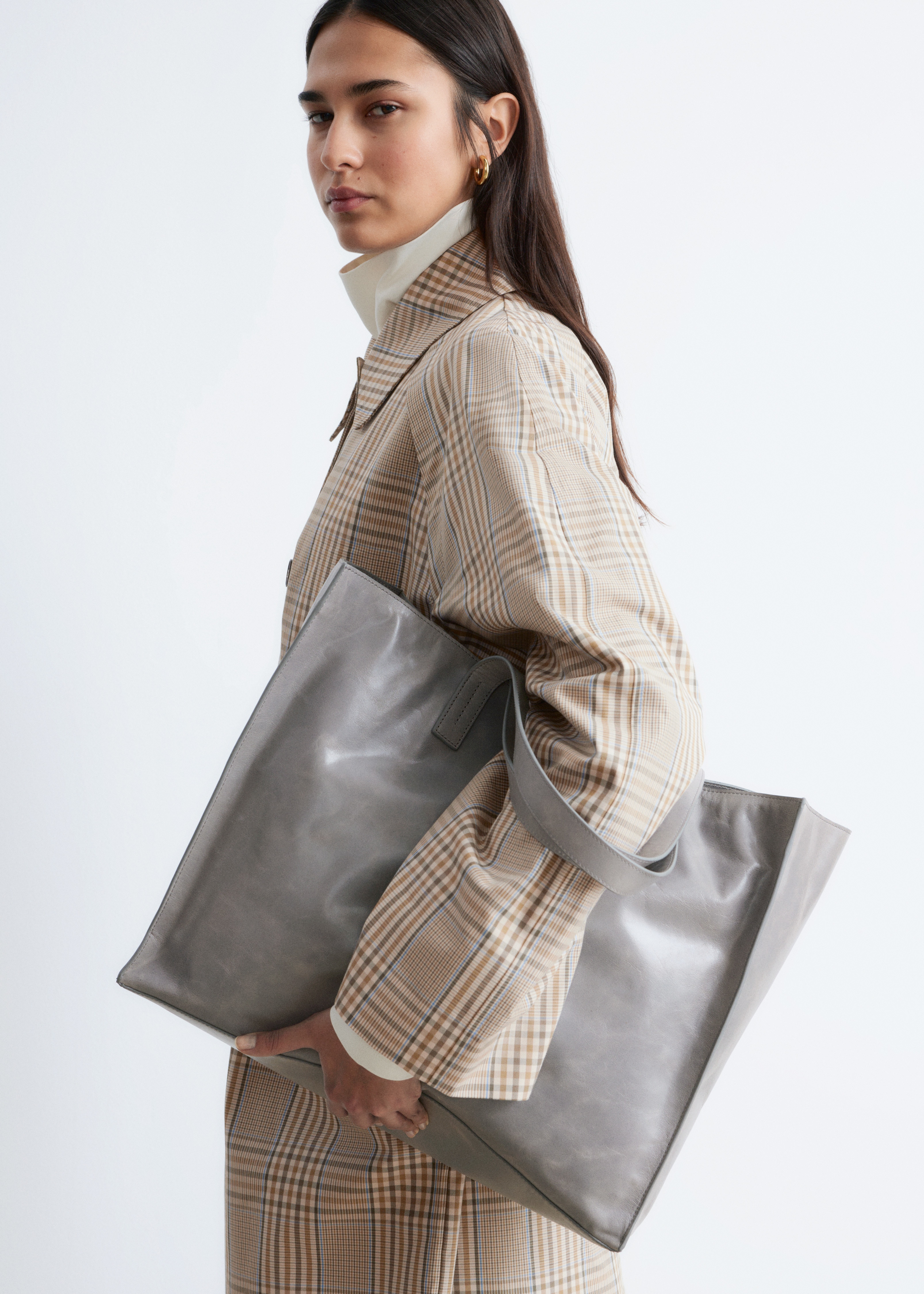 Tote bag en cuir - Gris/Brun foncé mat/Brun foncé verni/Vert kaki