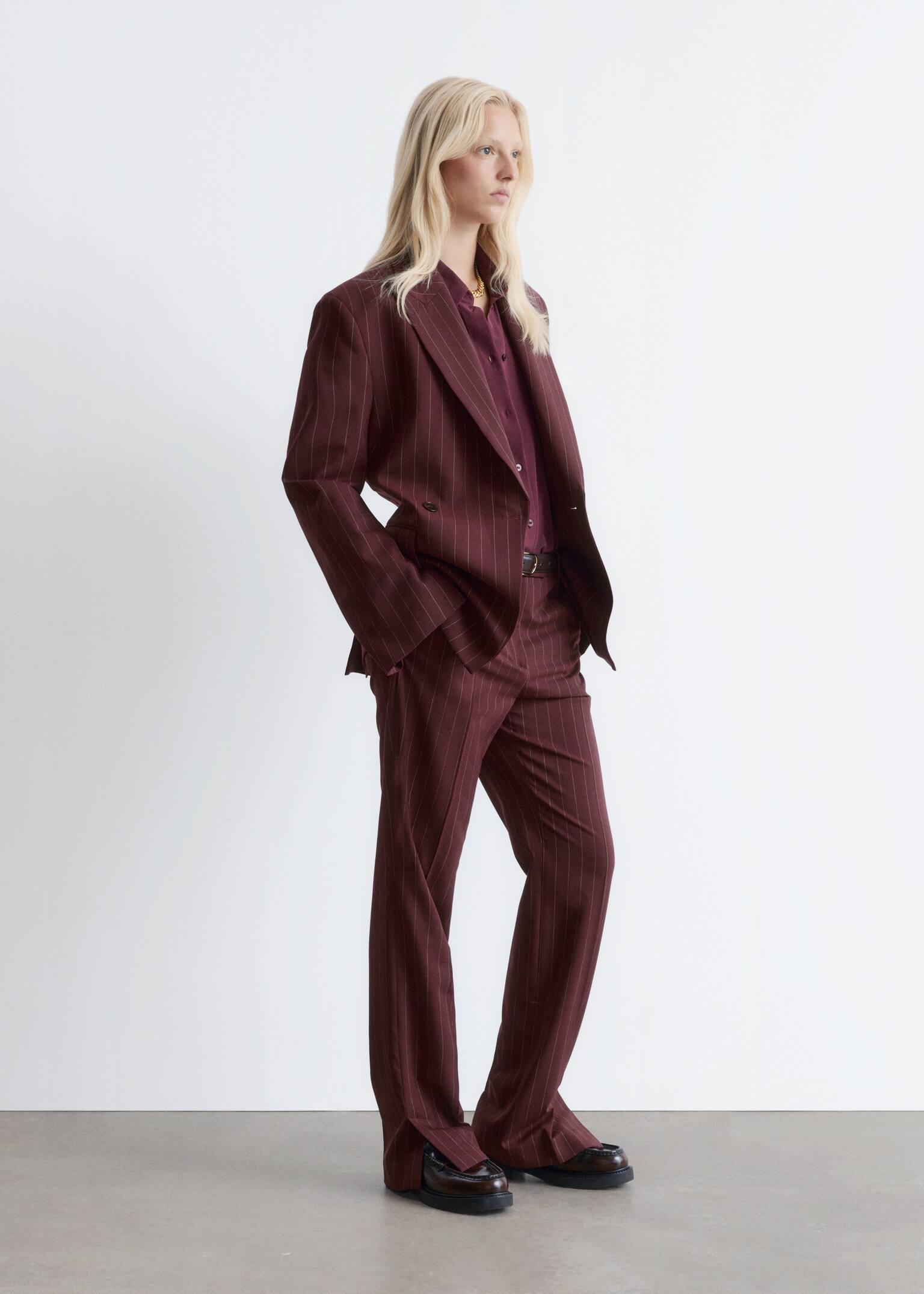 Double-Breasted Wool Blazer - Burgundy Pinstripe - 7
