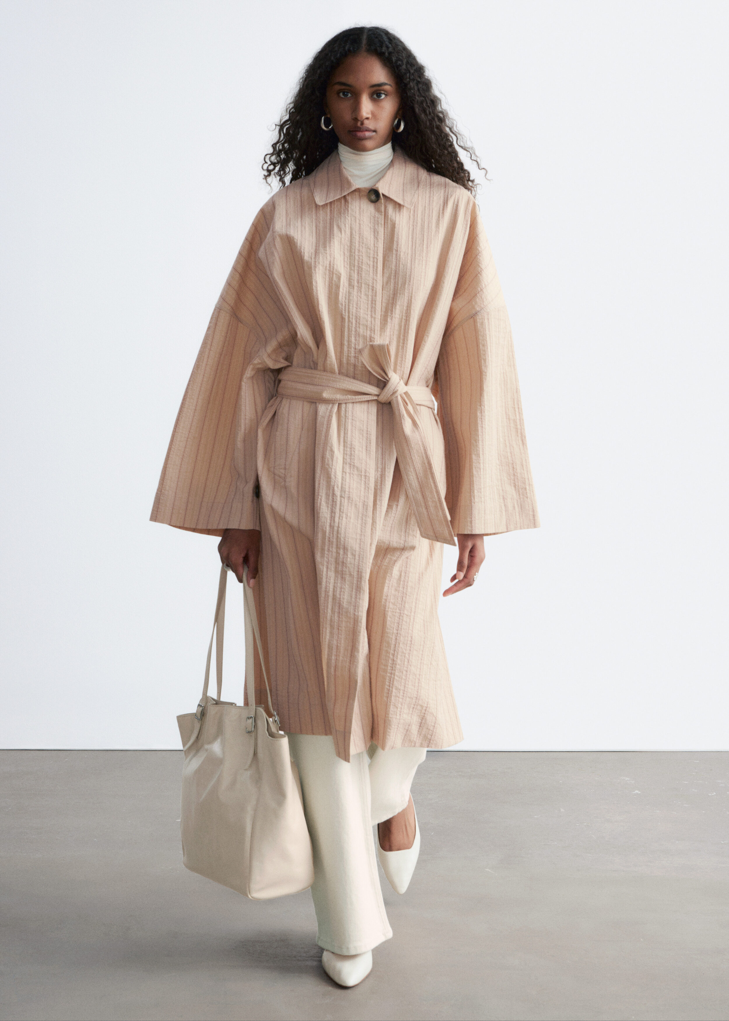 Oversized Pinstripe Trench Coat - Beige/Pinstripes - & Other