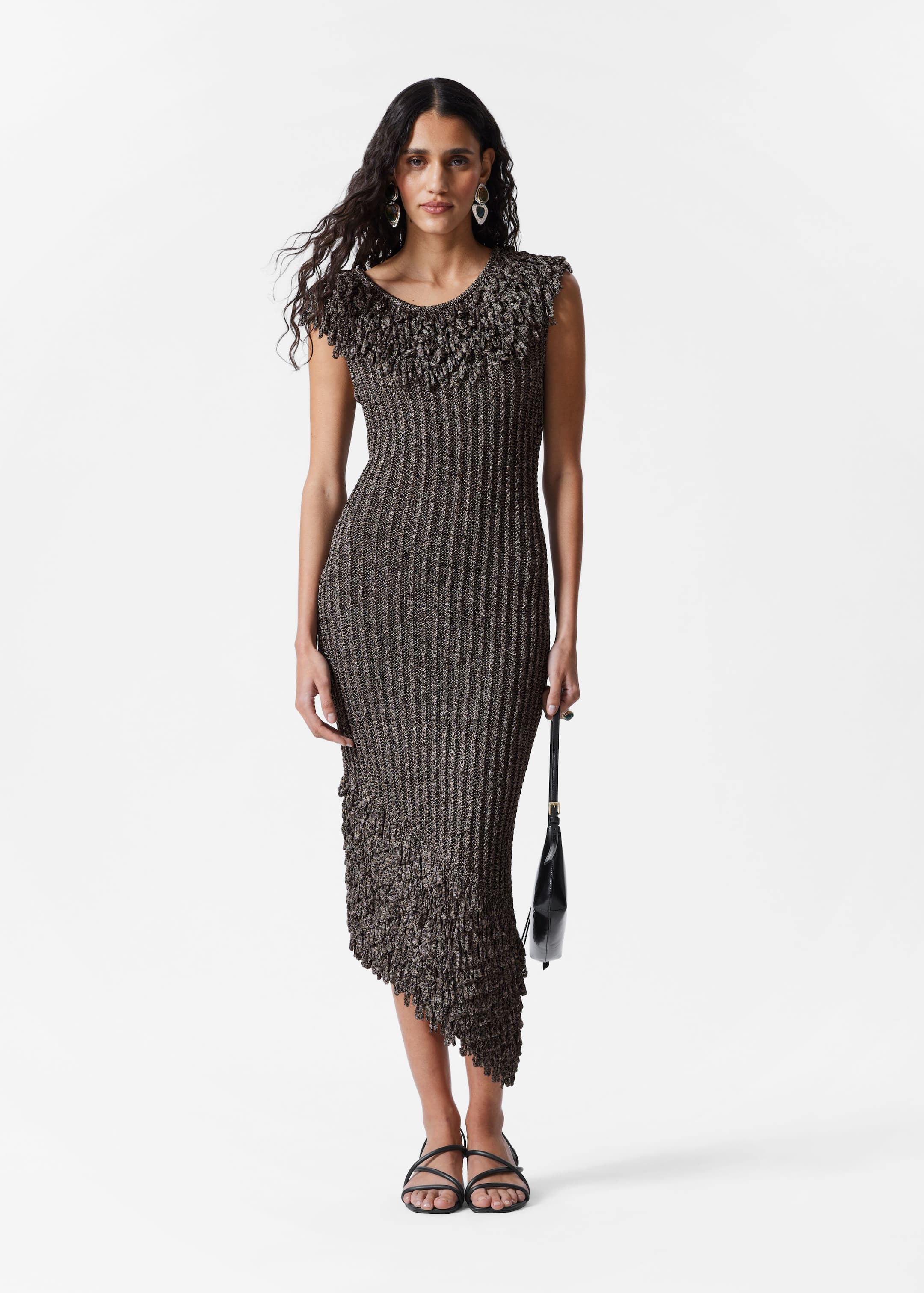 Visualizza immagine più grande: Abito midi in maglia a coste con frange - Grigio metallizzato - DONNA | H&M IT 1