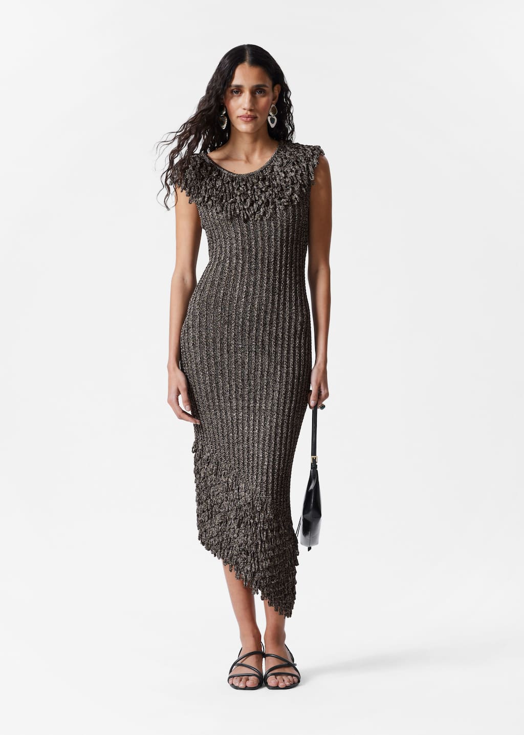 Abito midi in maglia a coste con frange - Grigio metallizzato - Lookbook
