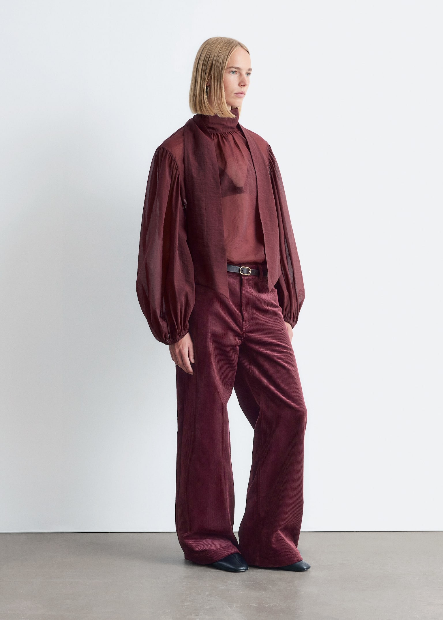 Puff-Sleeve Bow-Detail Blouse - Burgundy - 6