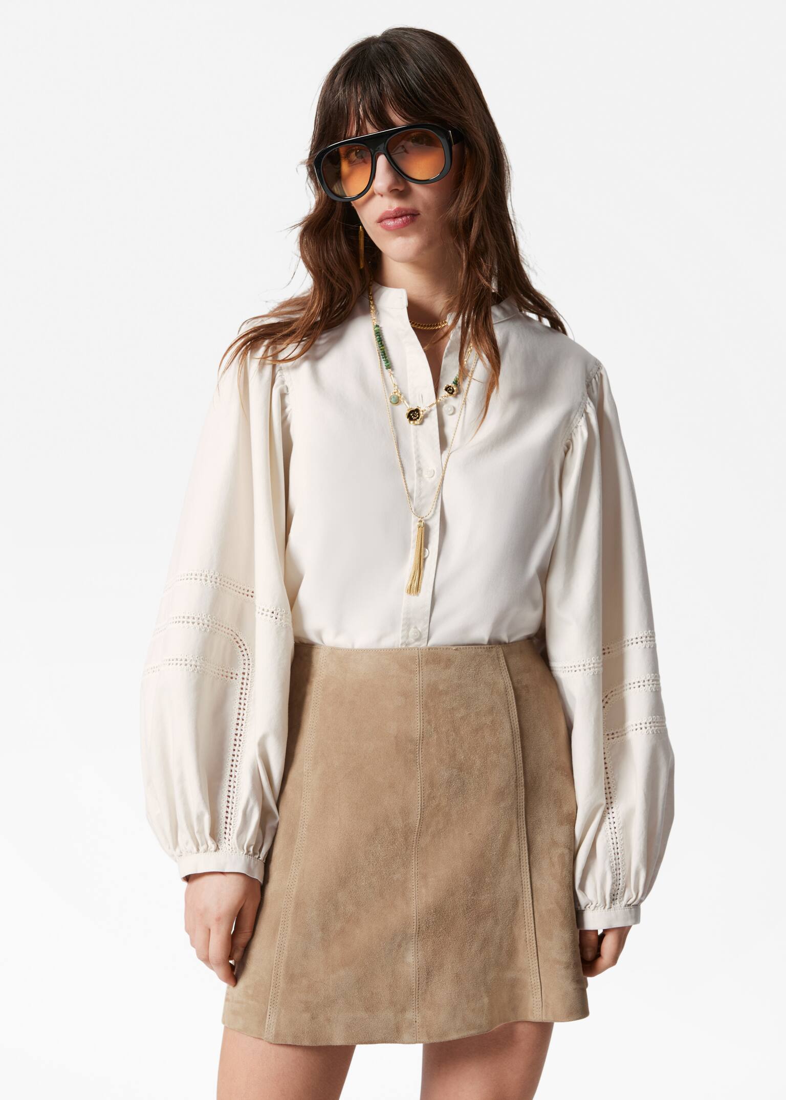 Blouse à manches amples - Écru/Noir/Pêche