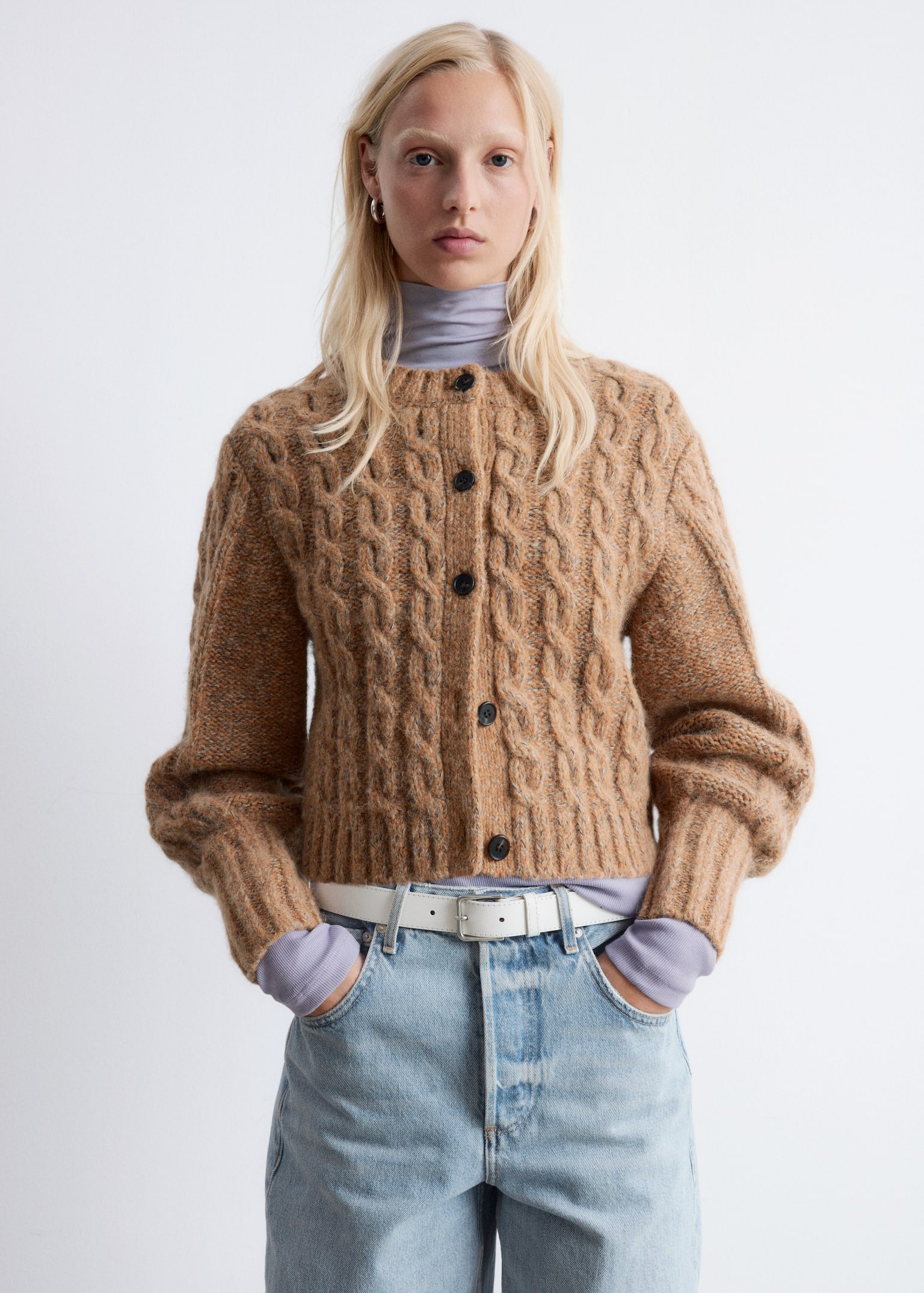 Alpaca-Blend Cable-Knit Cardigan - Beige - 5