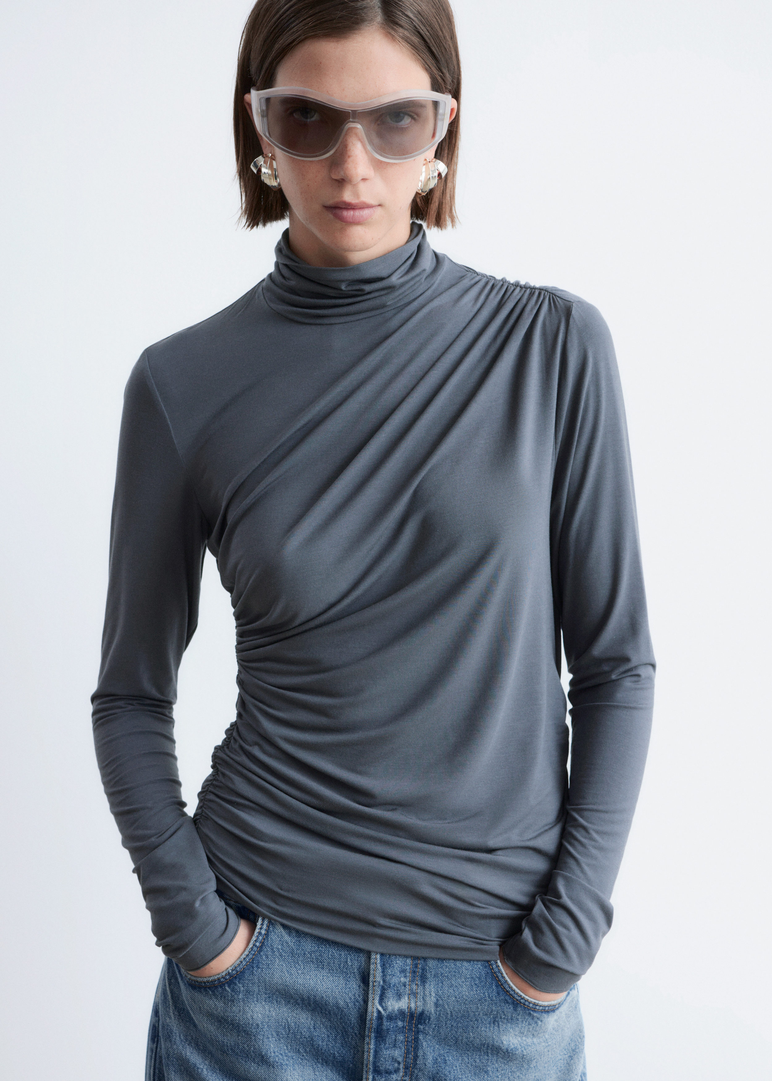 【unknown】super high neck draped shirt Draped Turtleneck Top - Dark Grey - & Other Stories GG