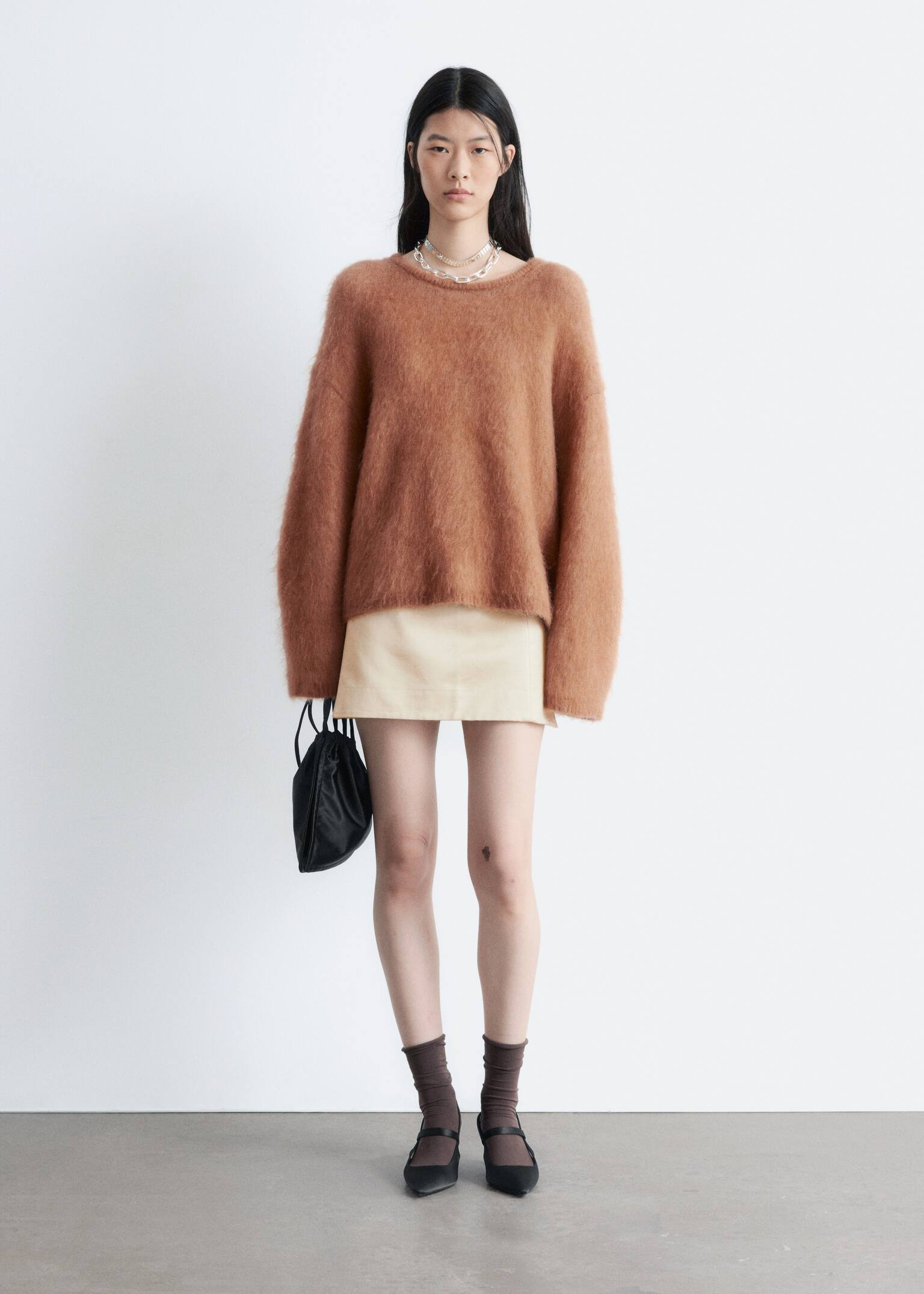 Česaný sveter zo zmesi mohéru - Tmavá béžová/Tmavá červená - 4