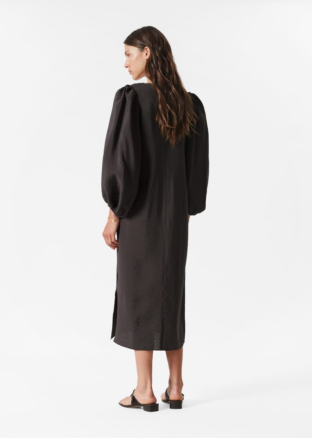 Image of Puff-Sleeve V-Neck Midi Dress