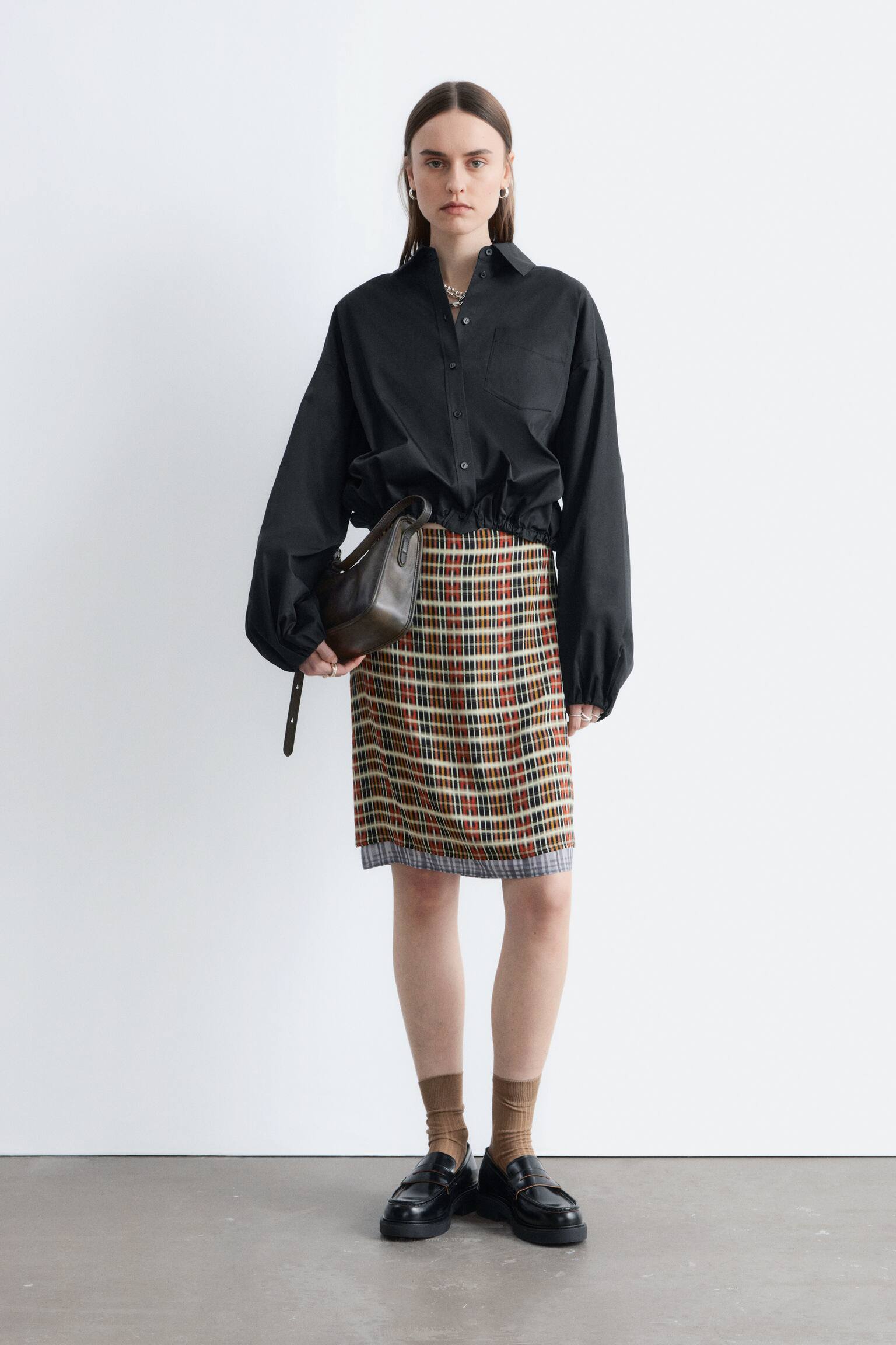 Knee-Length Slip Skirt - Orange/Checked - 1