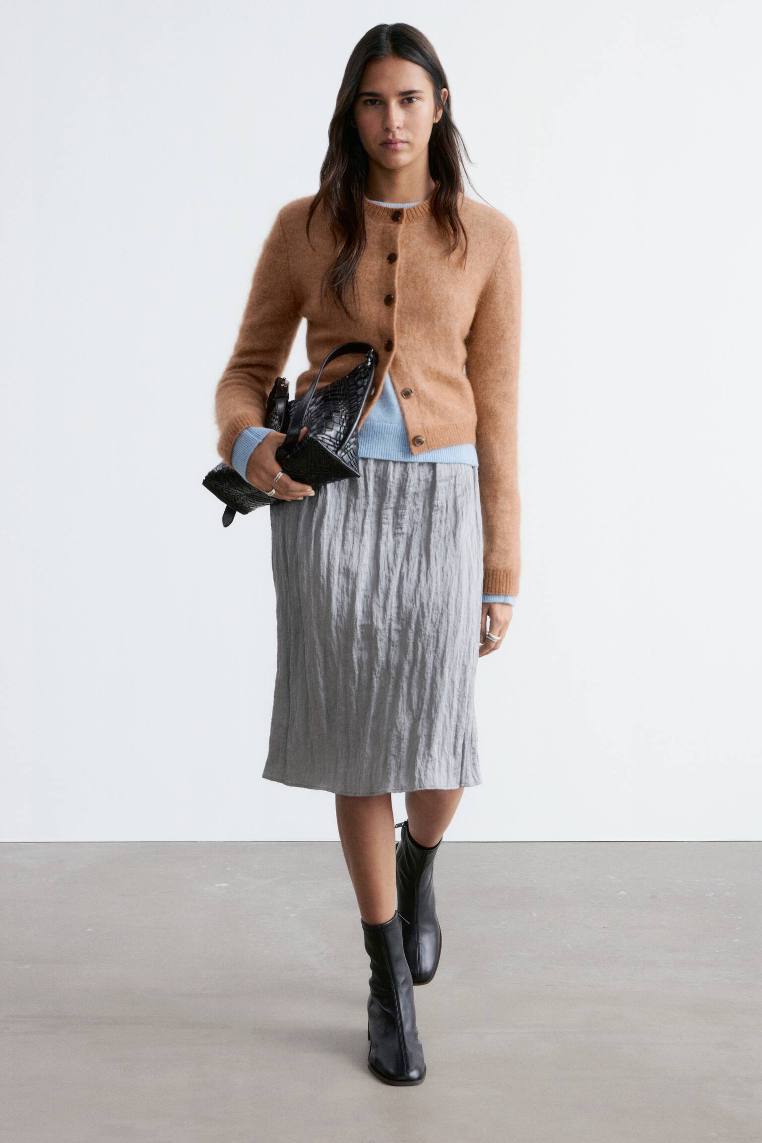 Cardigan i børstet mohairblend - Kamel/Fersken/Sort/Lys turkis - 3