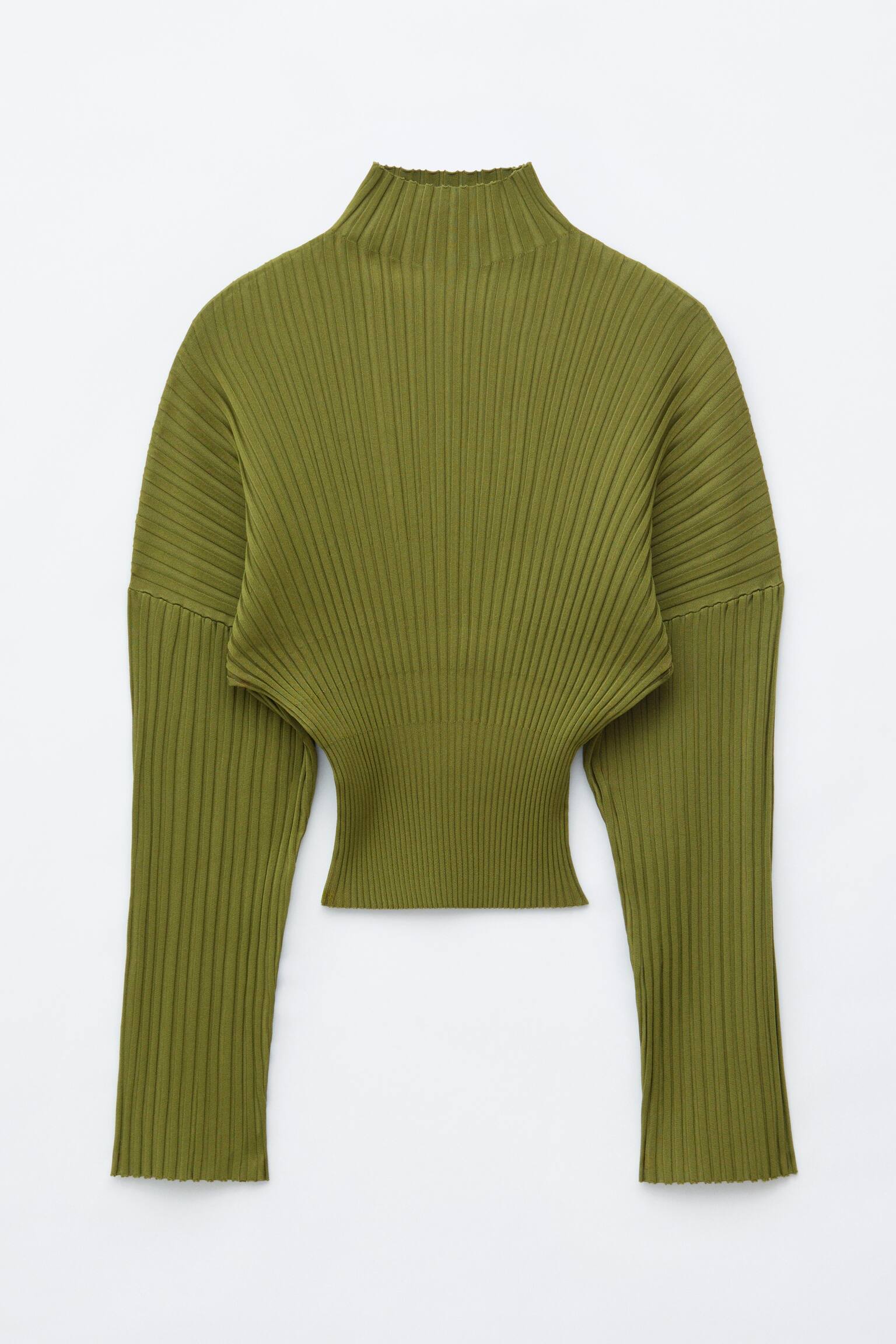 Gerippter Pullover mit Stehkragen - Grün/Weiß - 1