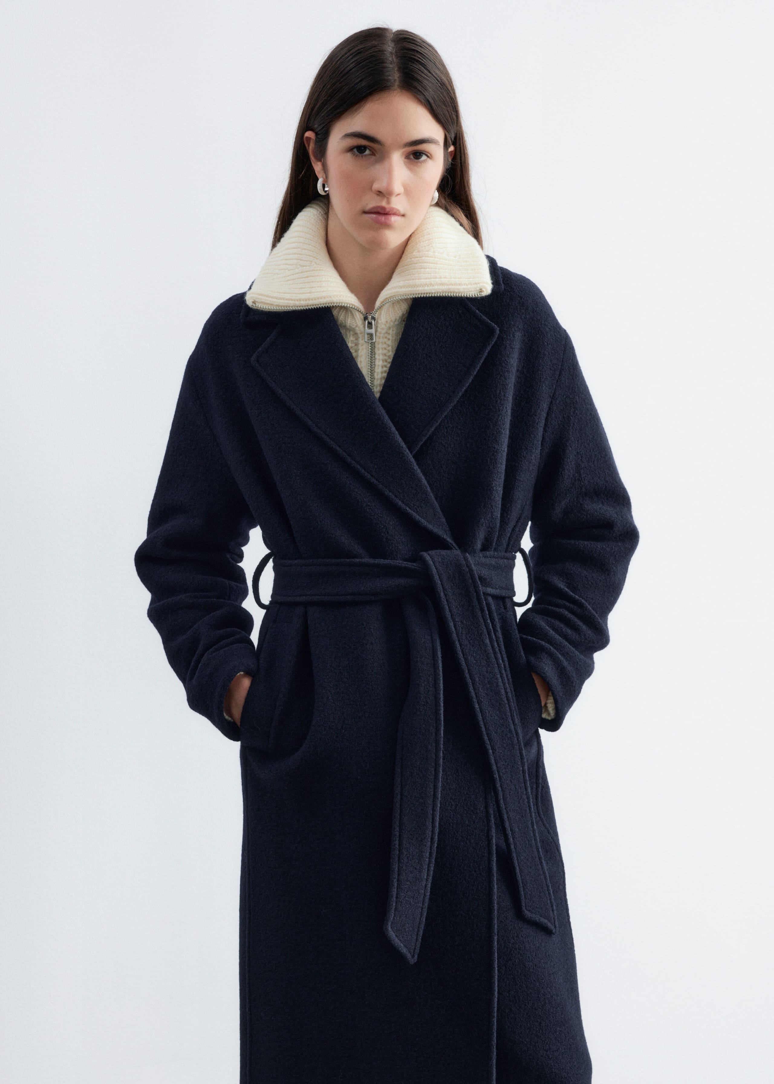 Voluminous Belted Wool Coat - Navy - Lookbook