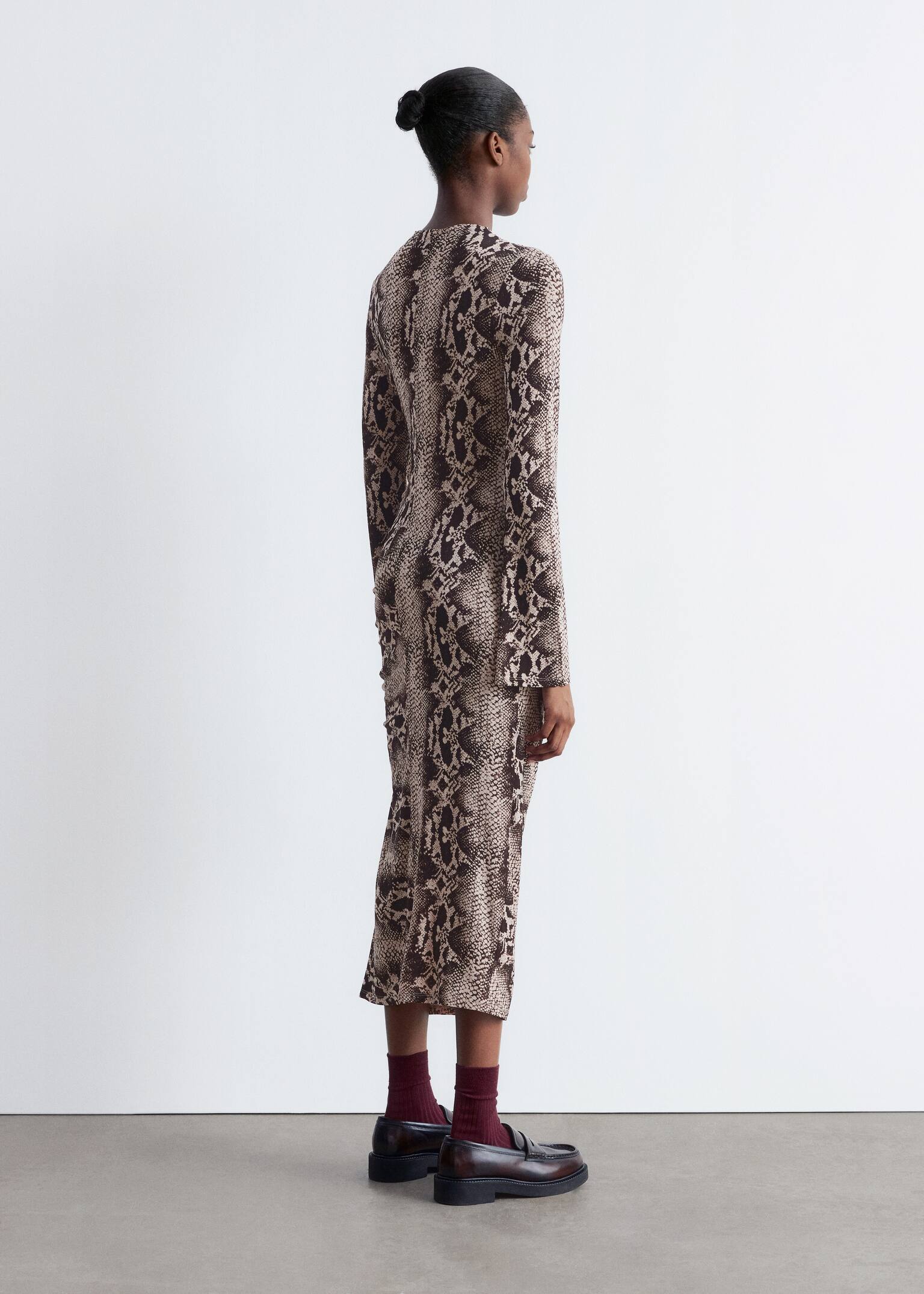 Gathered Midi Dress - Beige Snake - 6