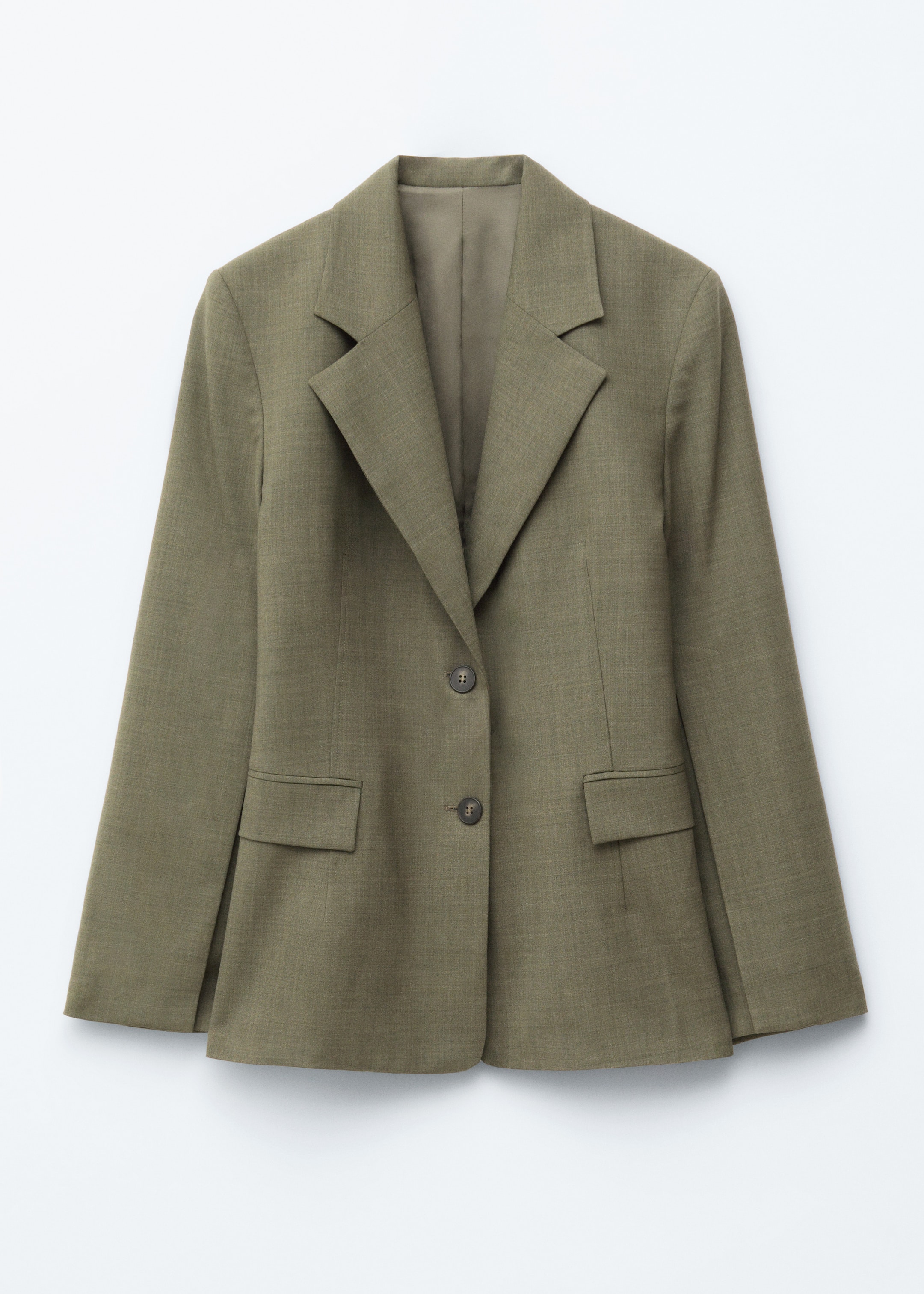 Größeres Bild anzeigen: Ein einreihiger, olivgrüner Blazer präsentiert seine VORDERSEITE, mit einer entspannten Passform, Fallkragen, zwei passenden Vorderknöpfen und zwei Pattentaschen.