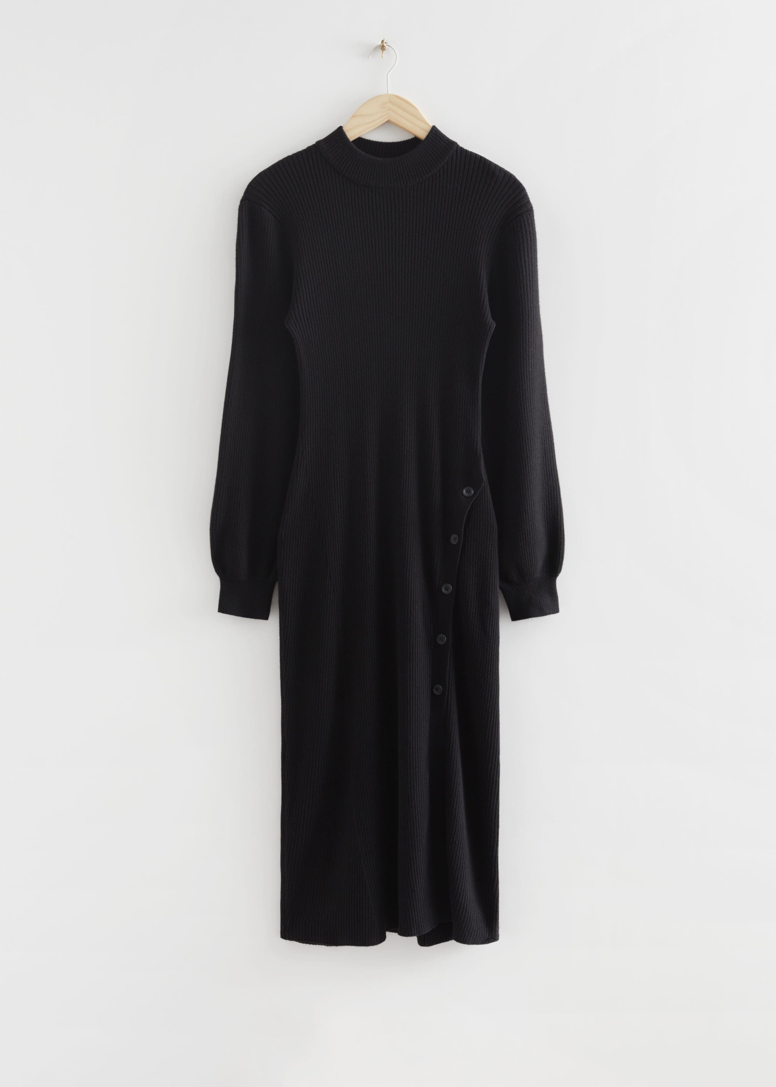 Buttoned Rib Knit Dress - Black - Still Life