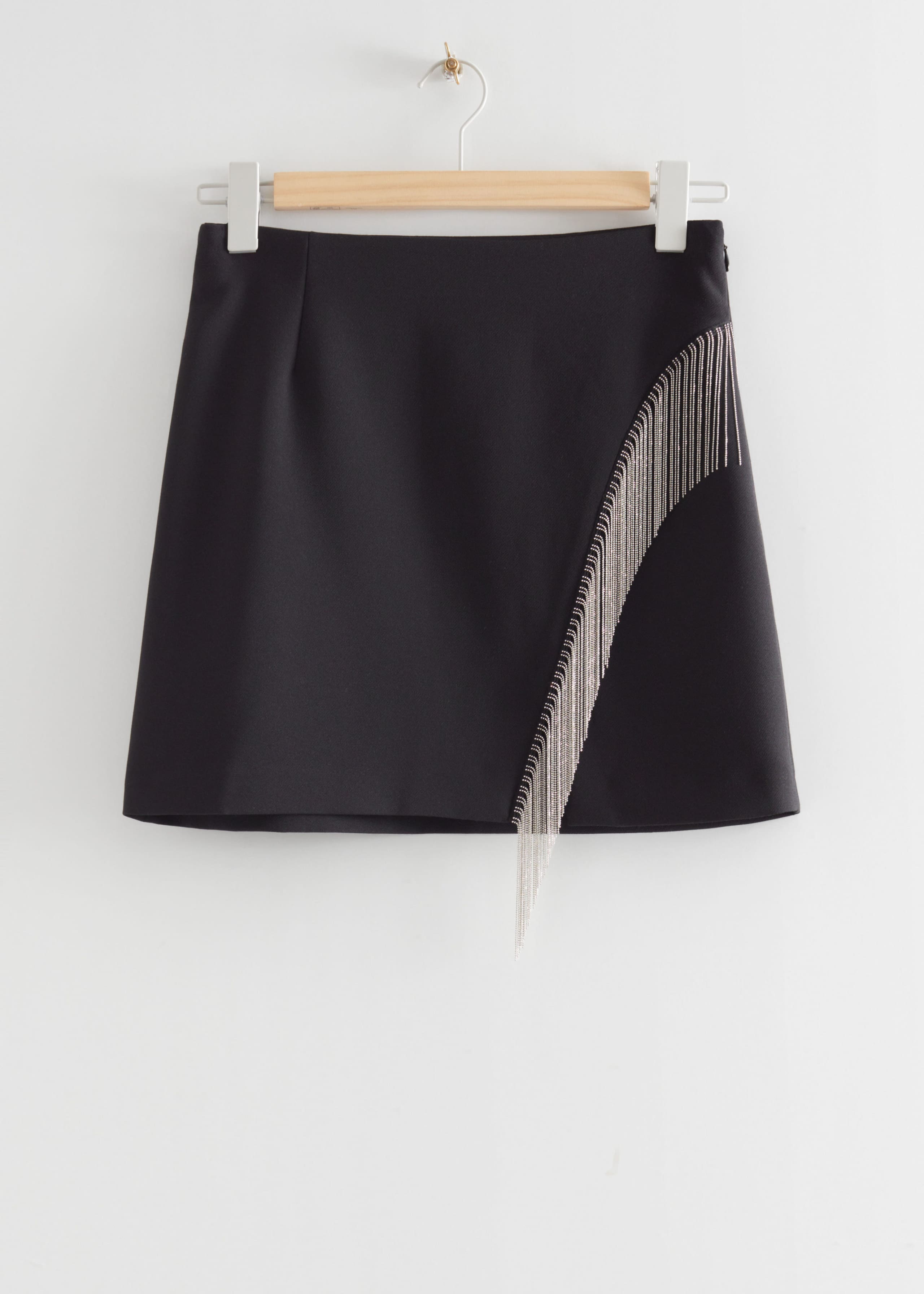 A-line Rhinestone Fringe Skirt - Black - Still Life