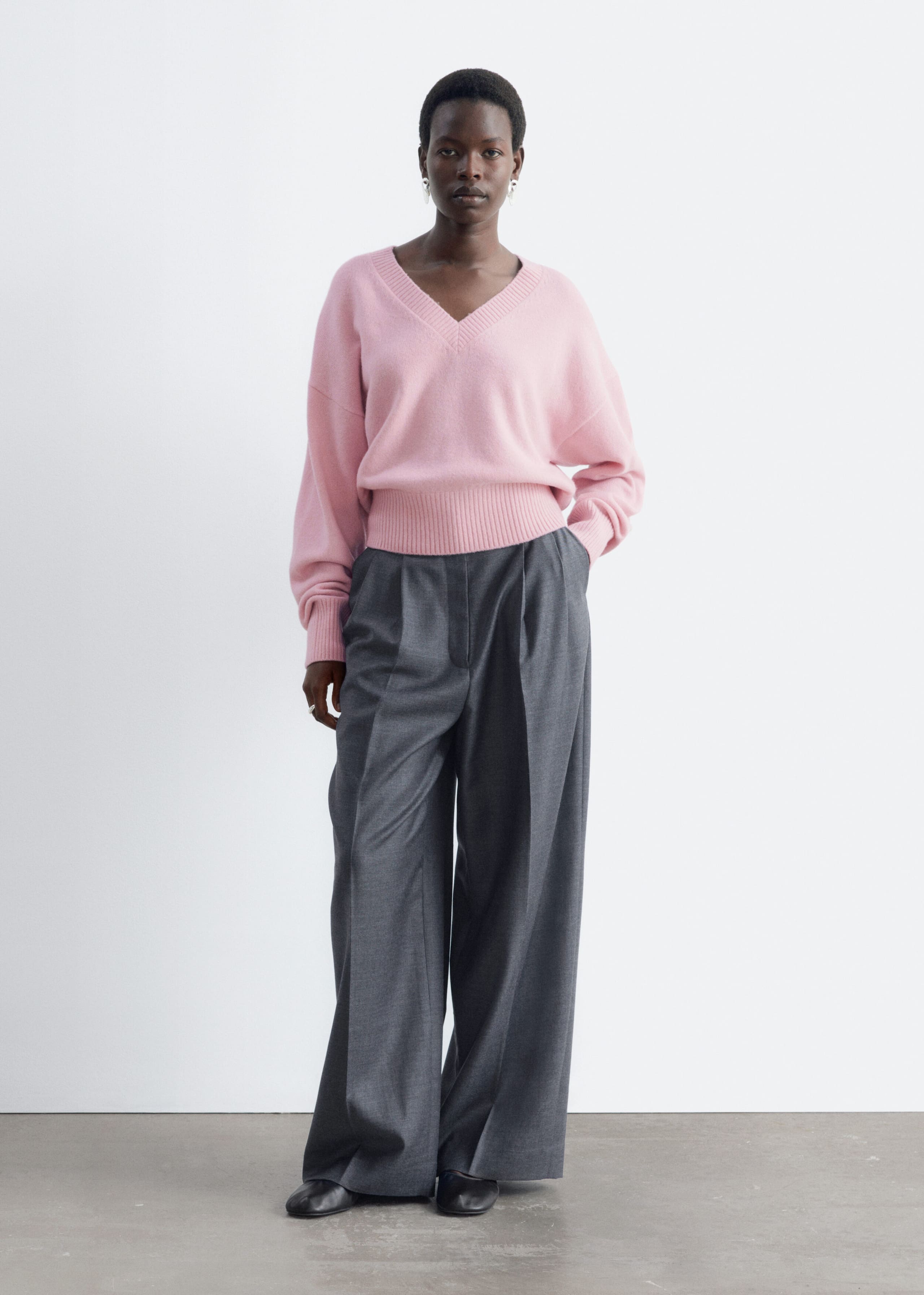Wool-Cotton V-Neck Jumper - Grey - Lookbook
