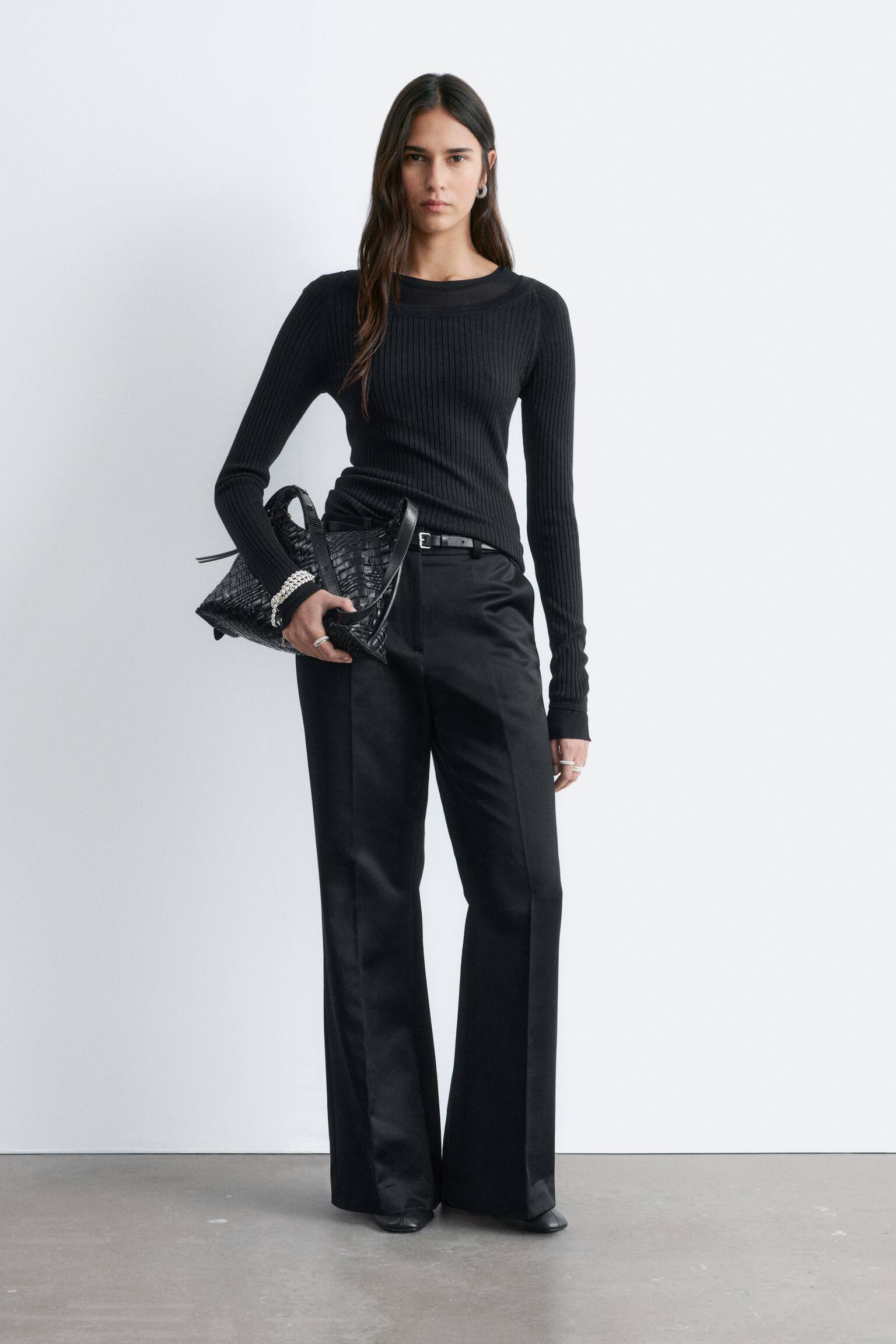 Pantalon évasé à plis marqués - Noir/Beige - 1