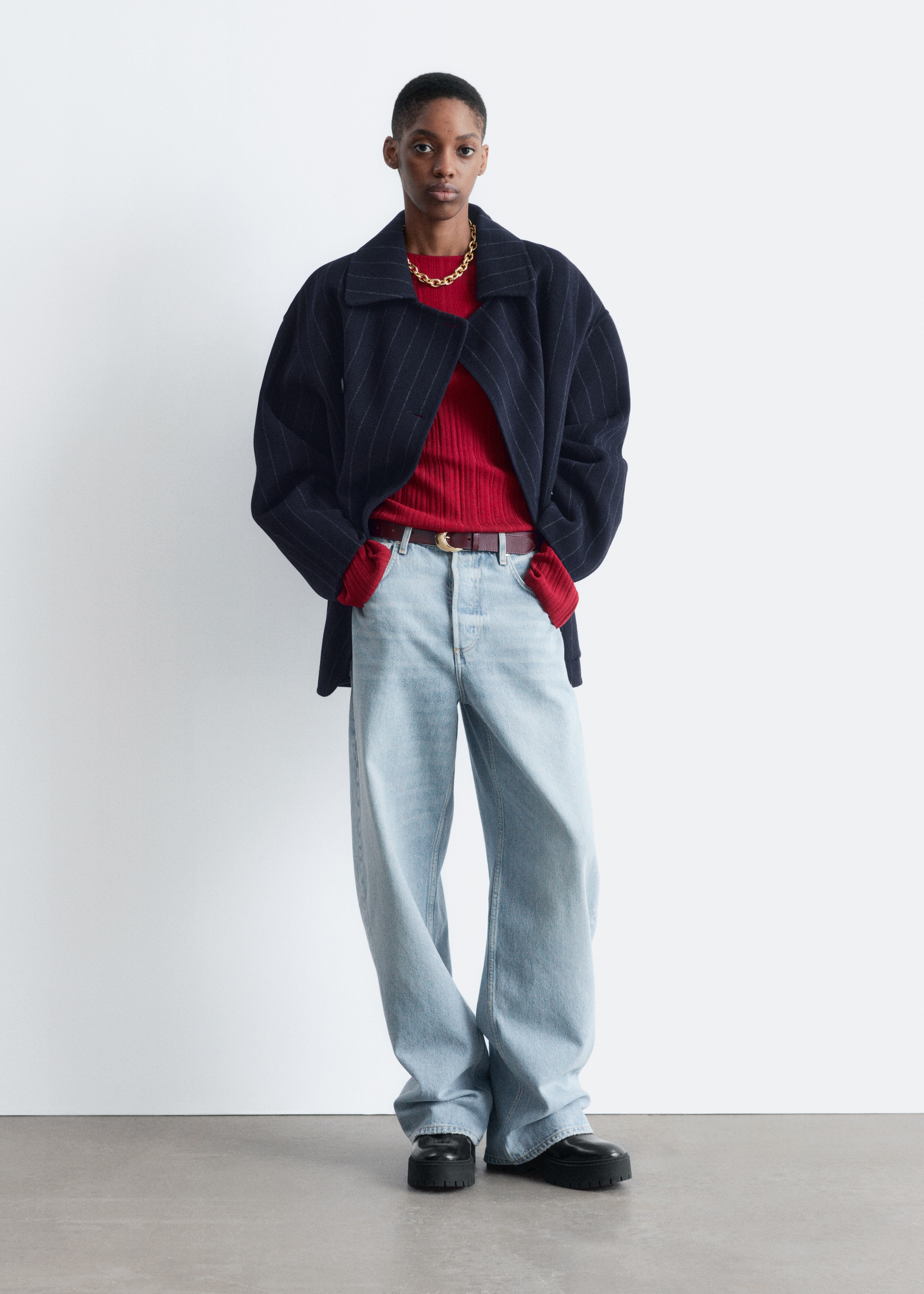 Cocoon-Shaped Wool Jacket - Navy Blue Pinstripes