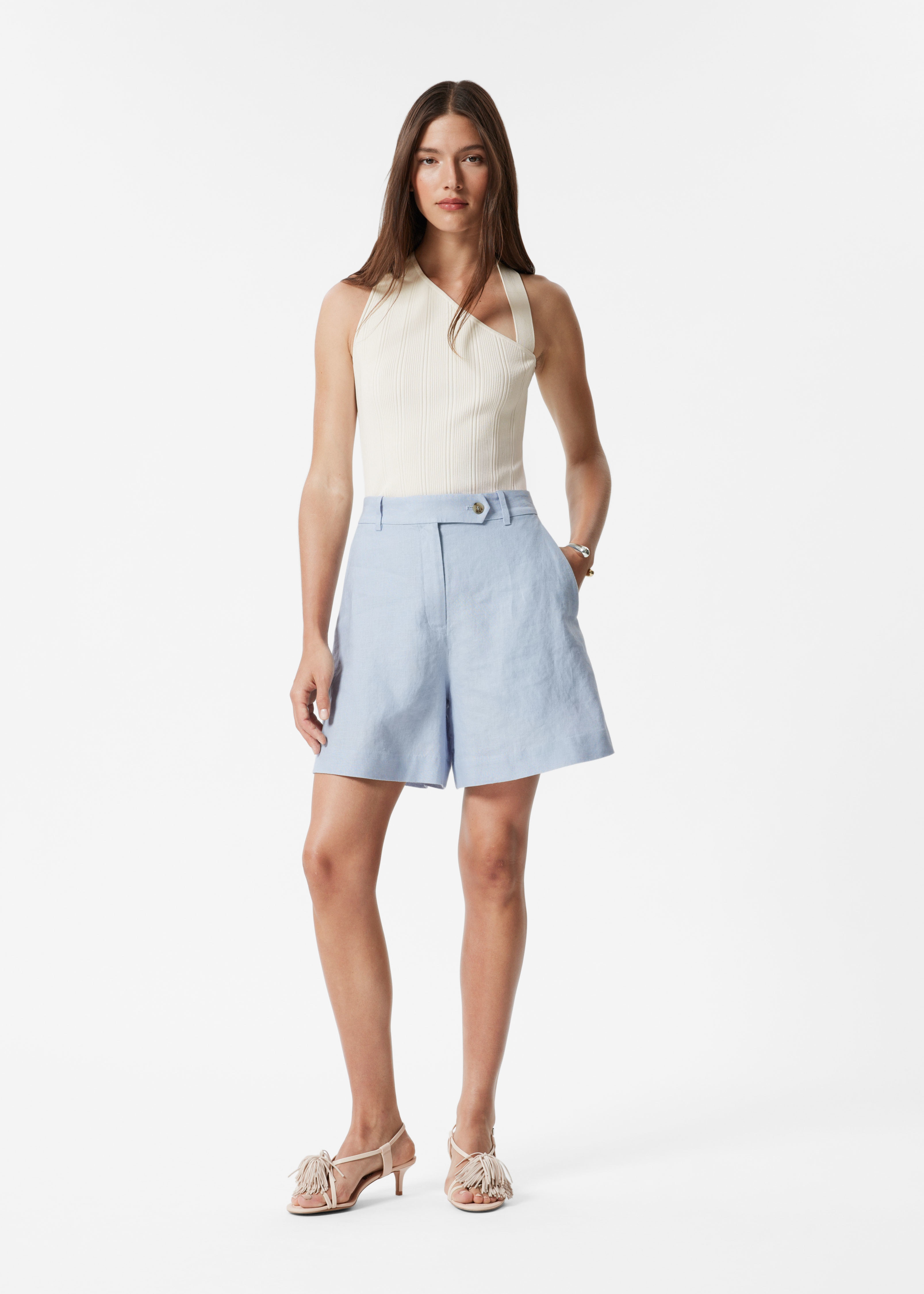 Lněné šortky - Světle modrá/Khaki zelená/Tmavě hnědá/Světle růžová