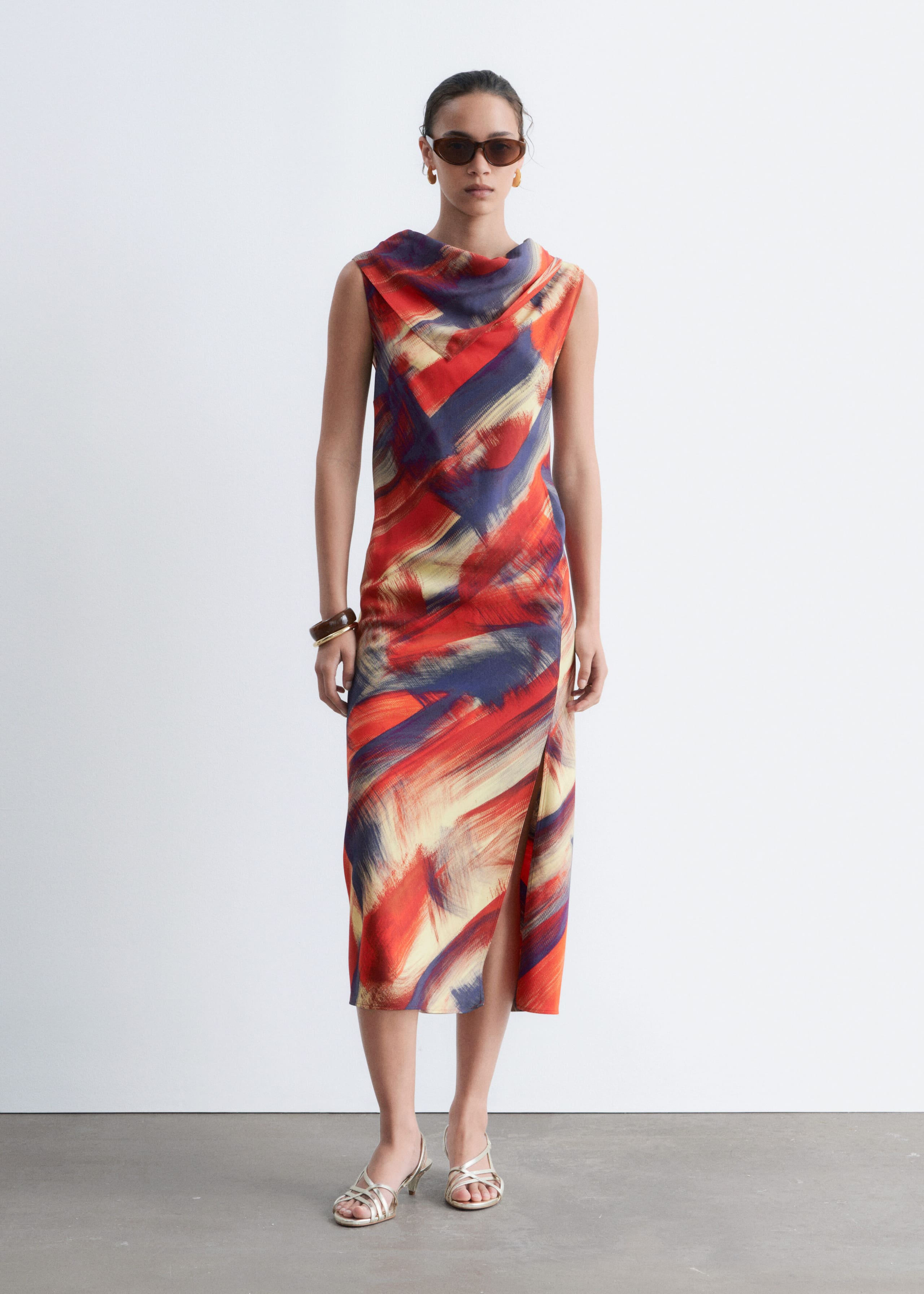 Scarf-Detail Midi Dress - Red/Print - Lookbook