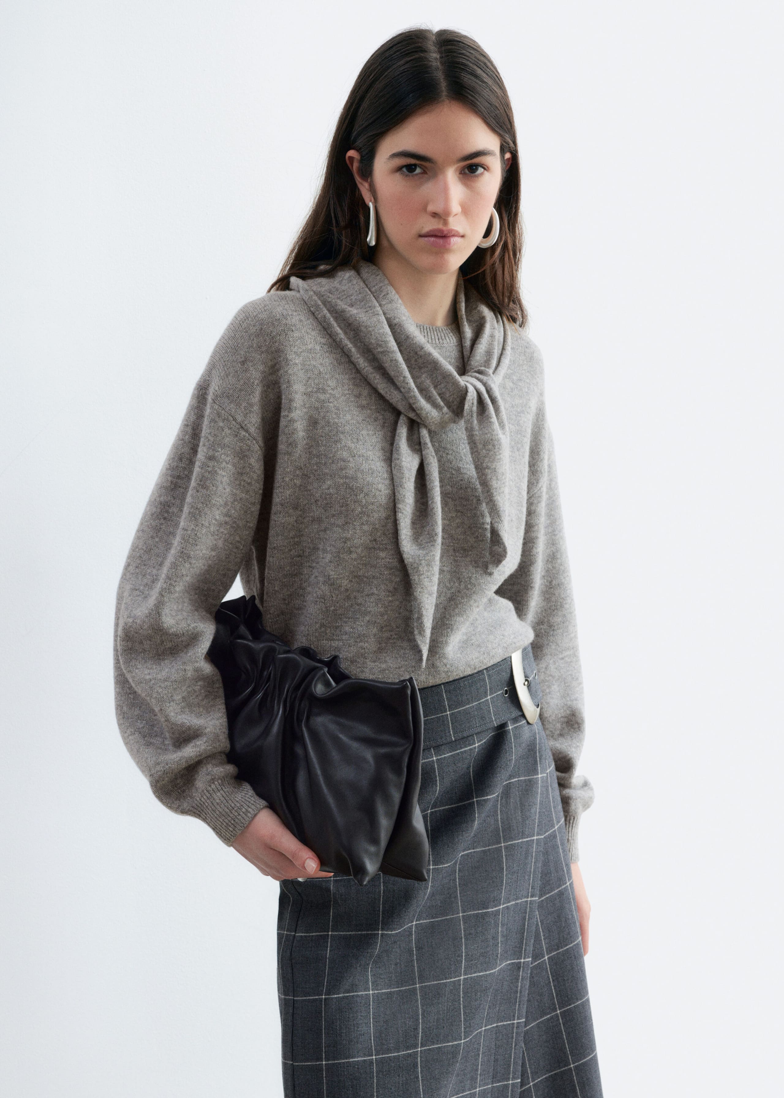 Merino Wool Scarf Neck Jumper - Grey - Lookbook