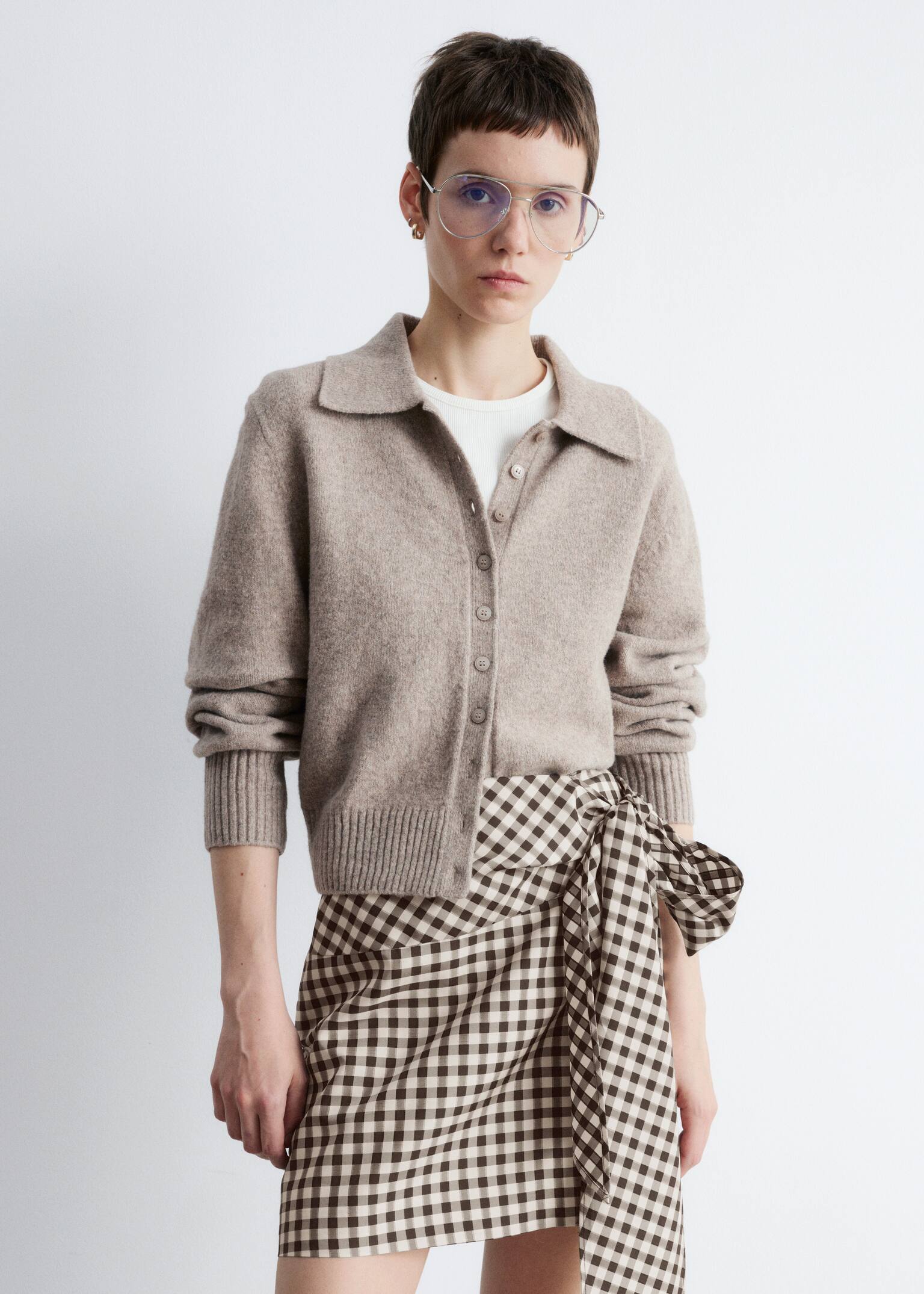 Cardigan en maille à col - Taupe/Blanc - 3