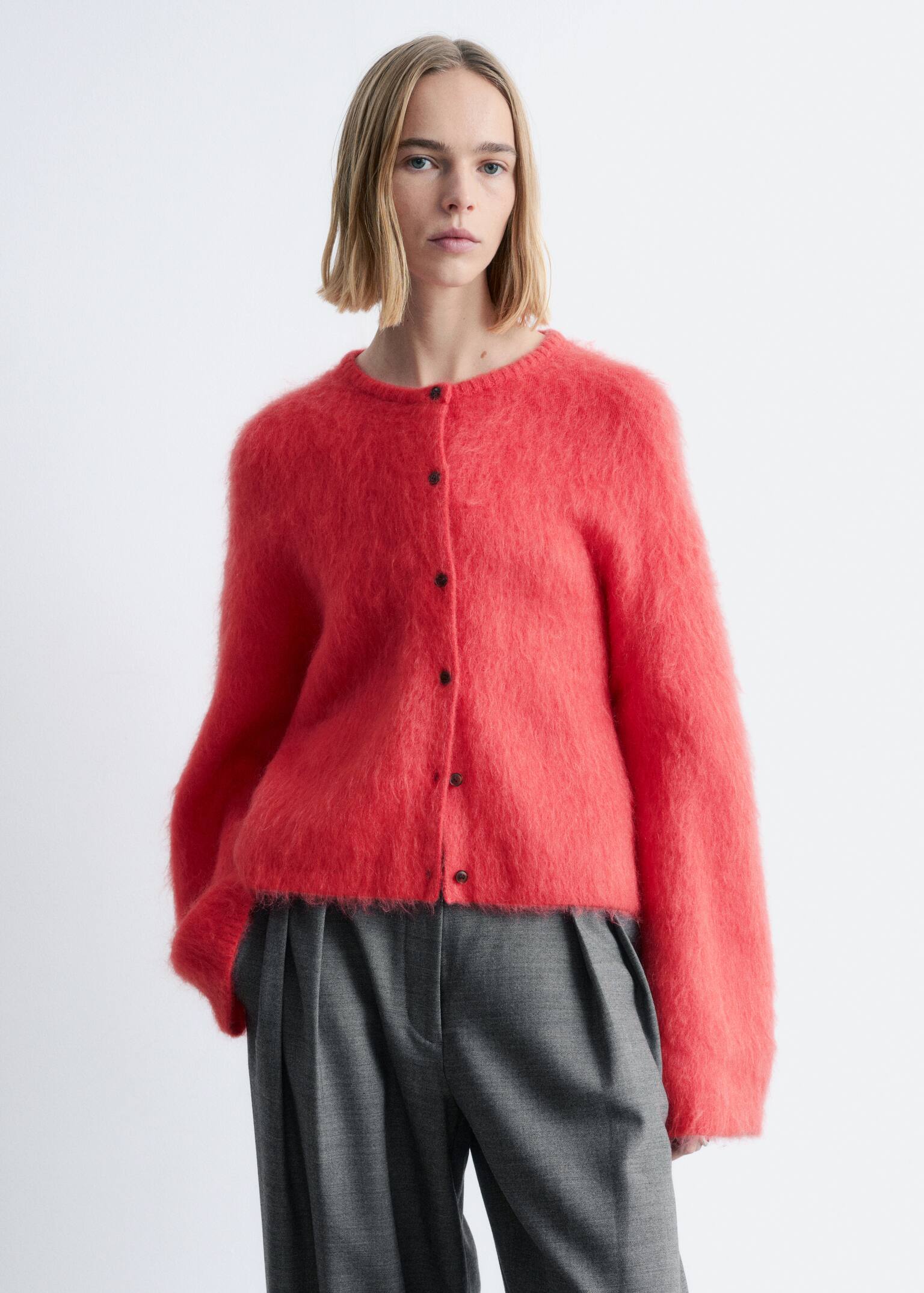 Cardigan i børstet mohairblend - Knaldrød/Lysegrå/Marineblå - 3