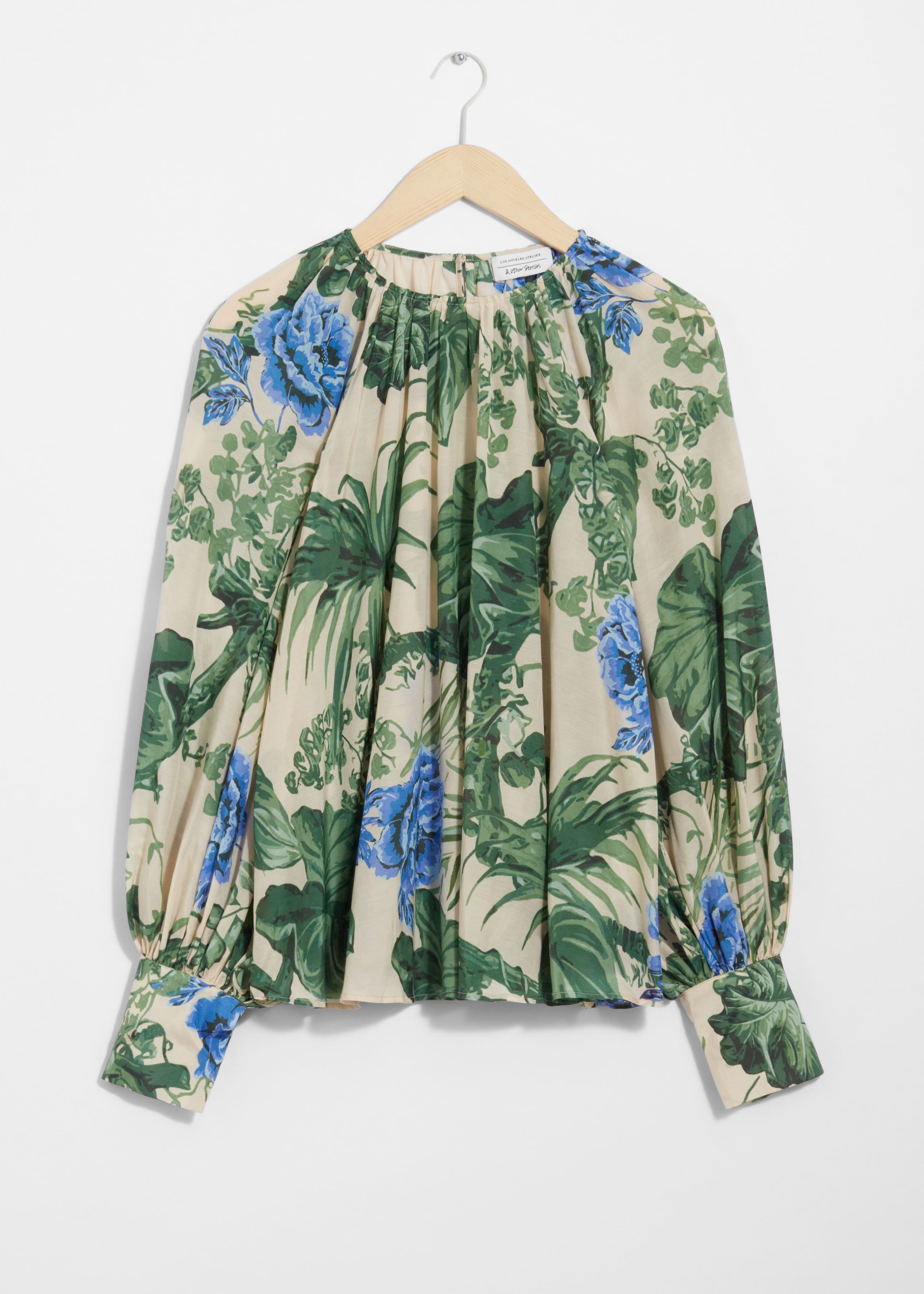 Voluminous-Sleeve Blouse - Green/Blue Florals - Still Life