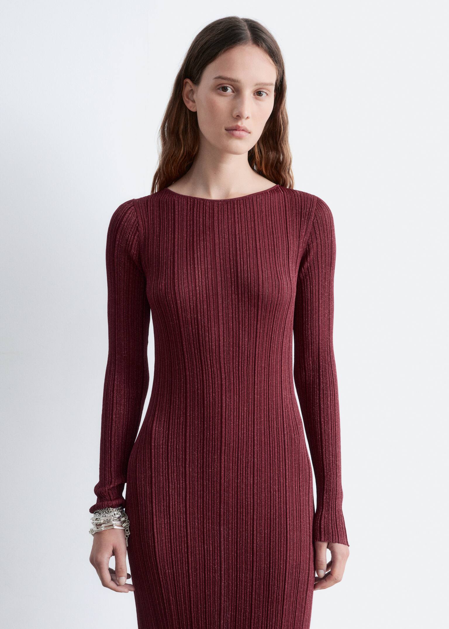 Long-Sleeve Rib-Knit Midi Dress - Dark Red - 5