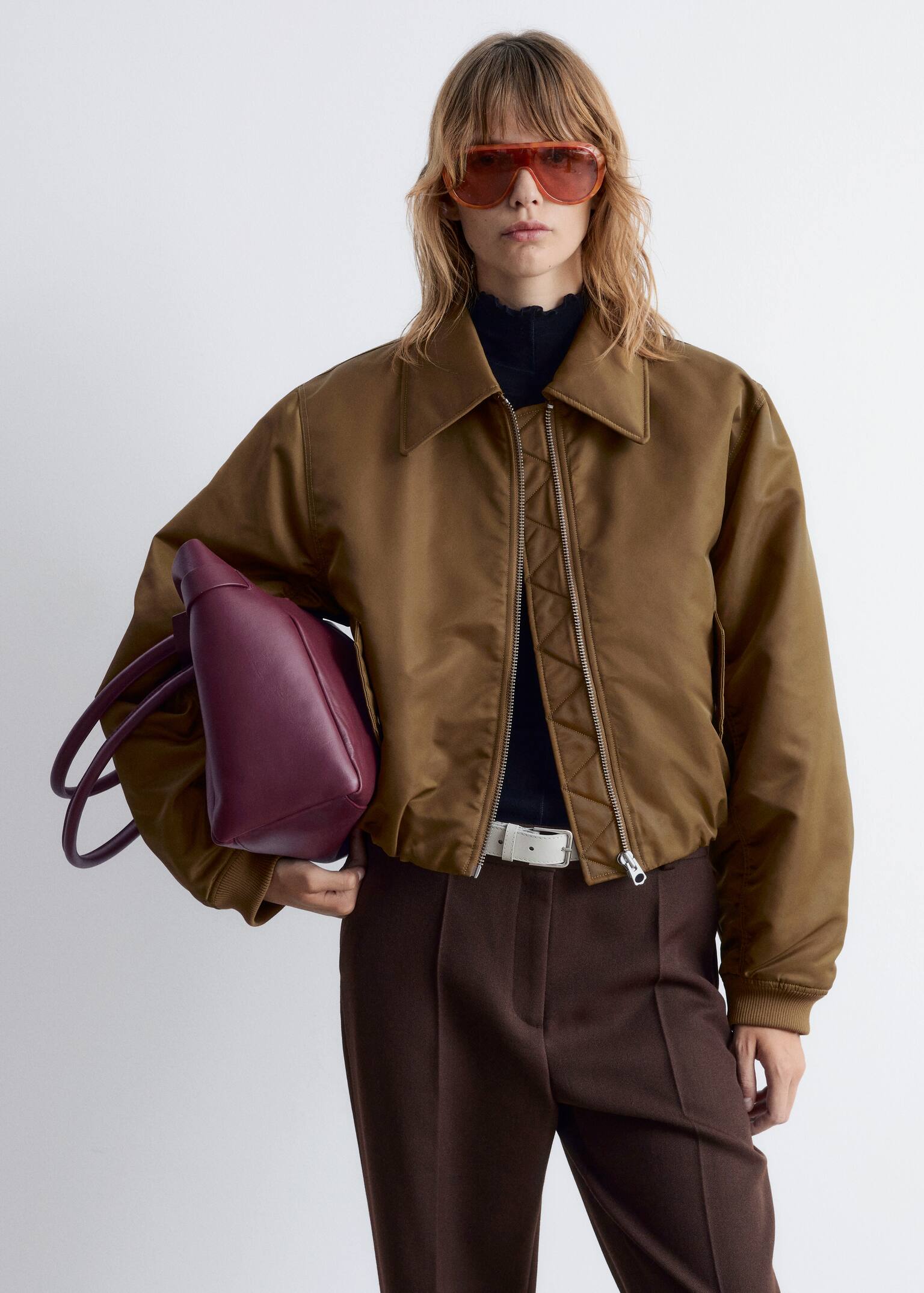 Cropped Bomber Jacket - Khaki Brown/Dark Brown - 6