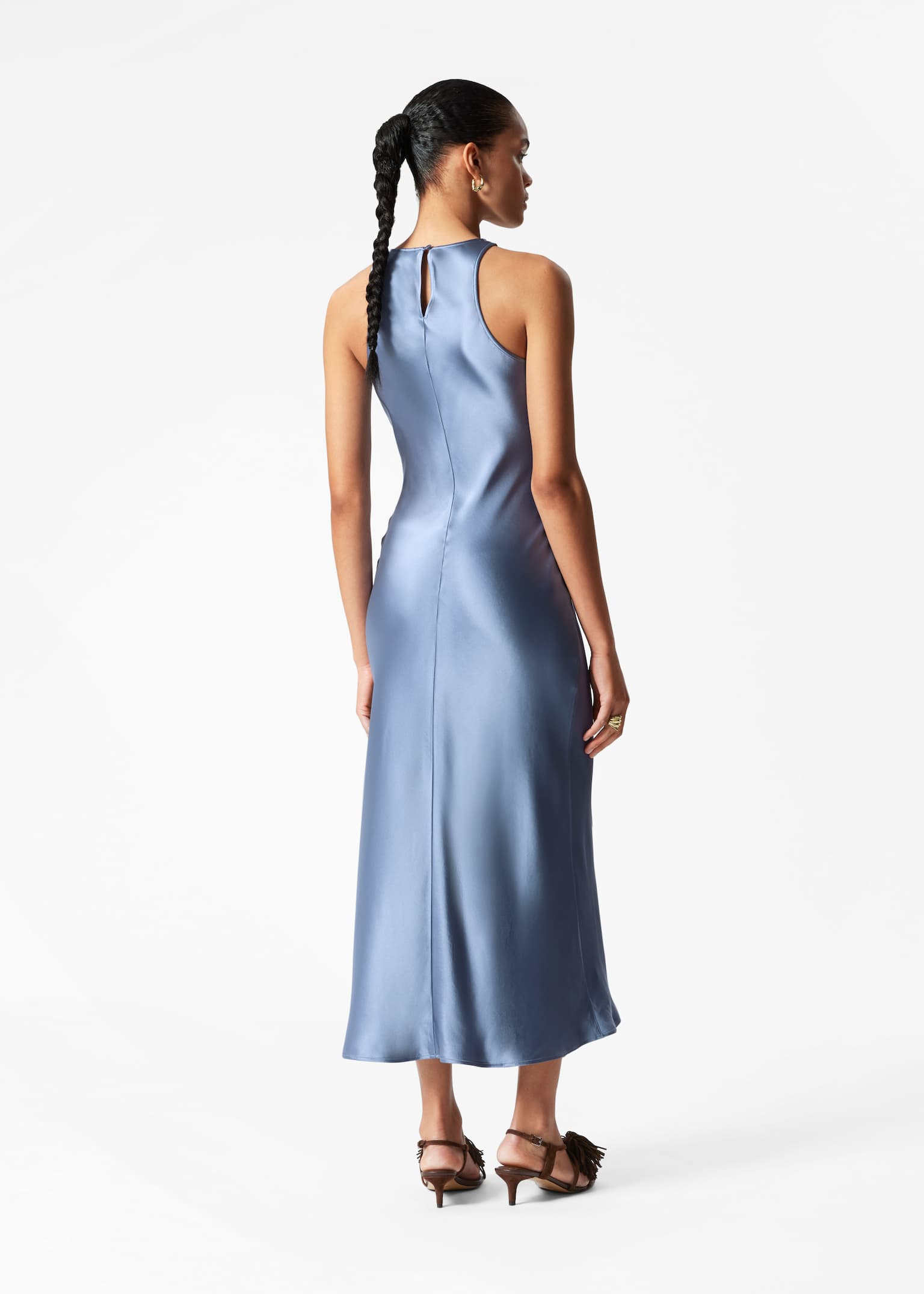 Sleeveless Satin Midi Dress - Niebieski/Ciemnobrązowy/Czarny/Dark Pink - 5