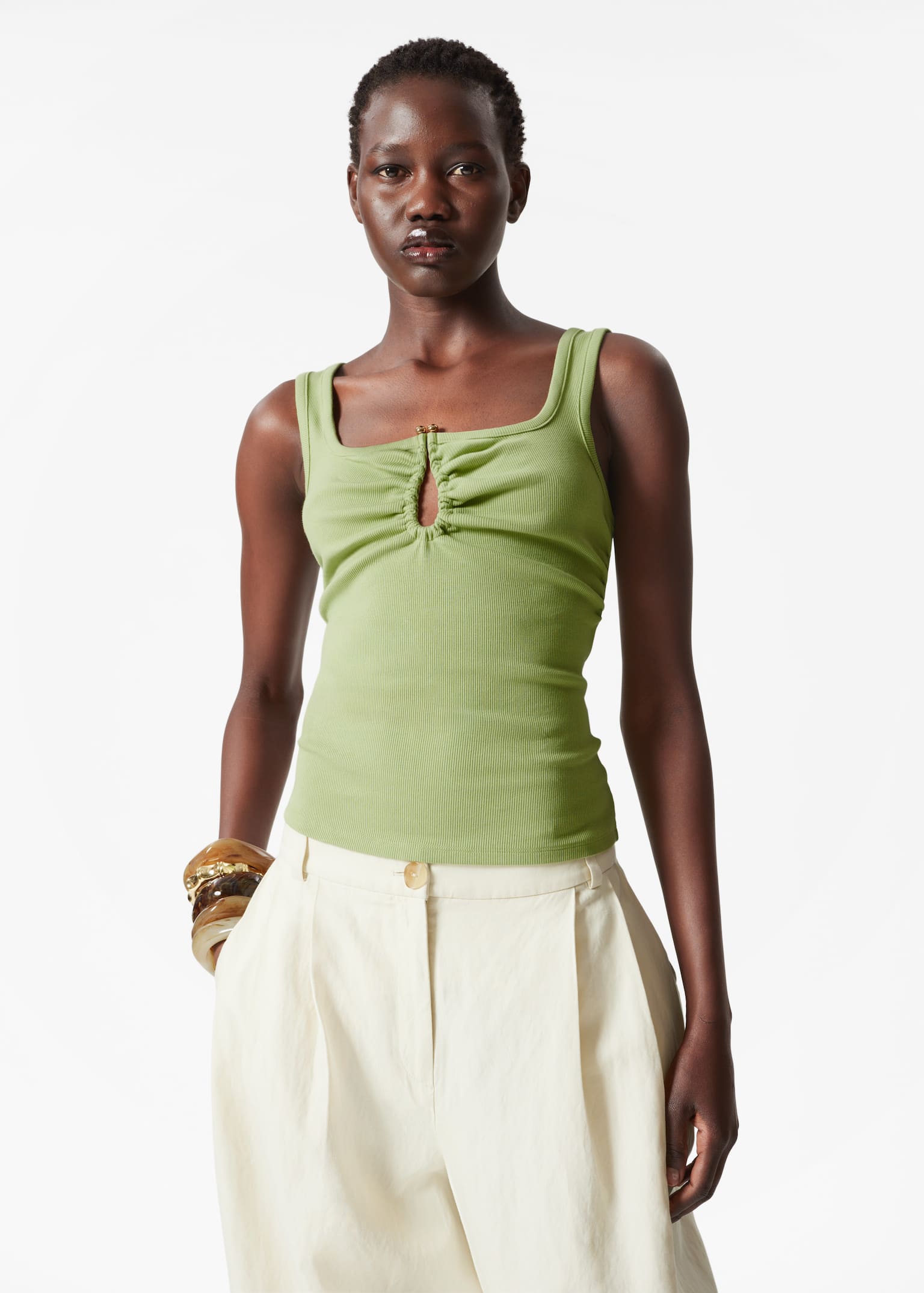 Camiseta de tirantes con detalle de hebilla - Verde/Marrón