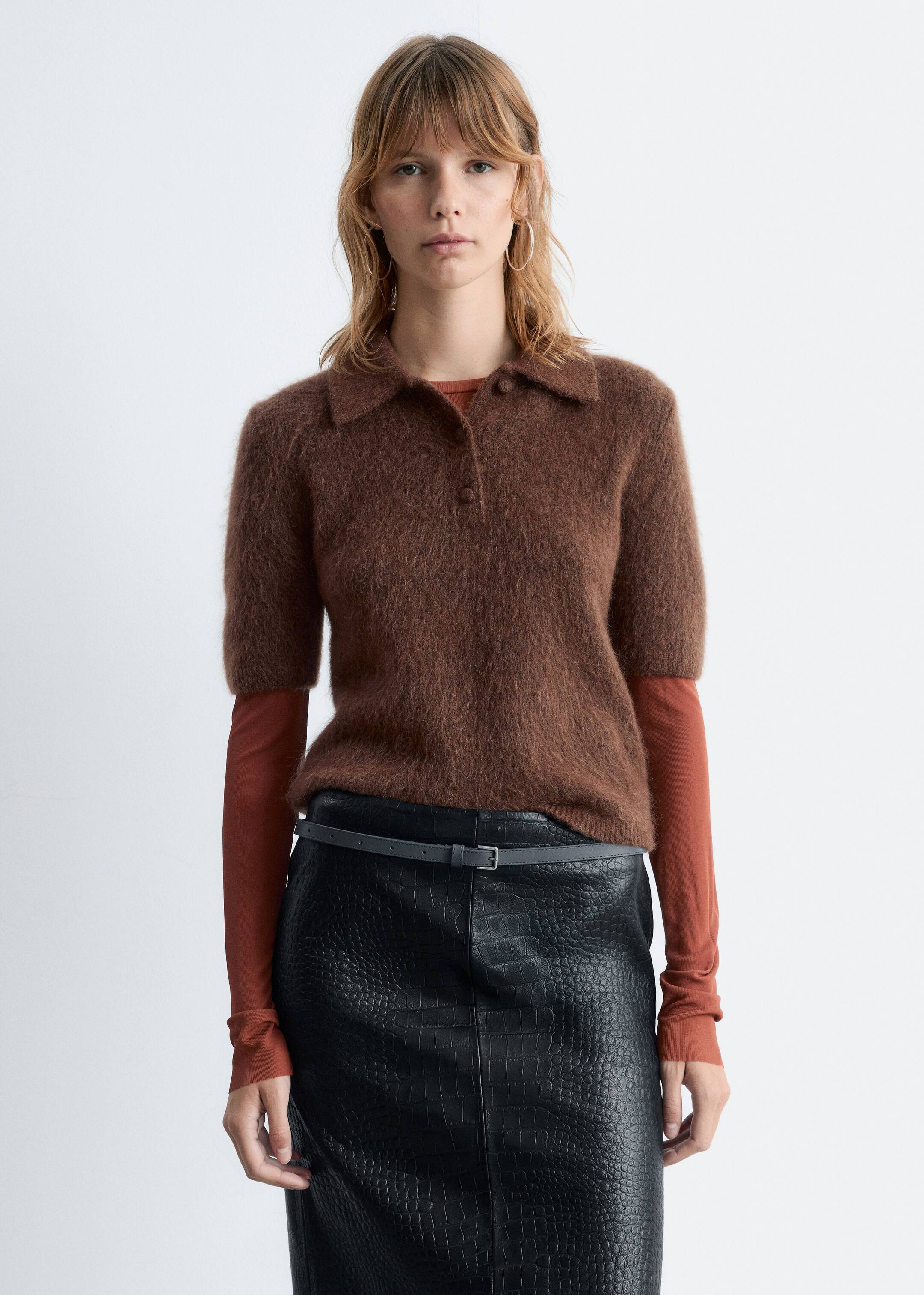 Visa större bild: Stickad pikétröja med borstad yta - Mörkbrun - DAM | H&M SE 3