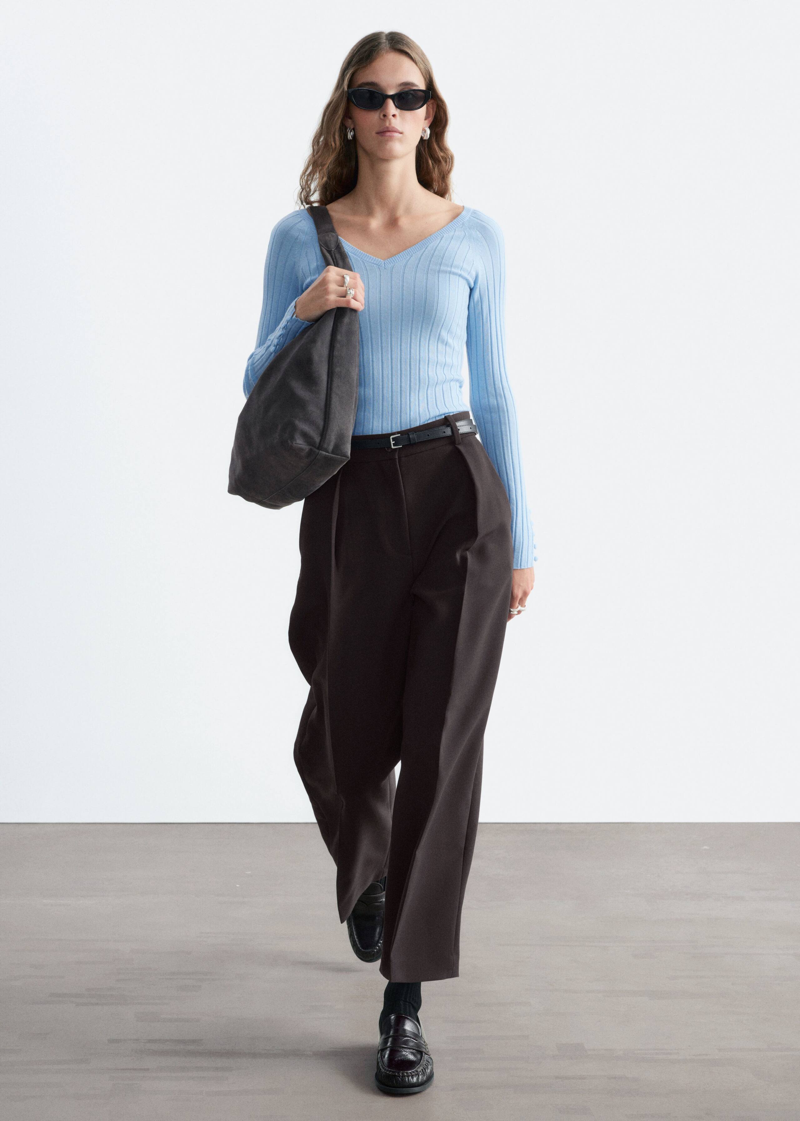 Ribbed Wool V-Neck Top - Light Blue - Lookbook